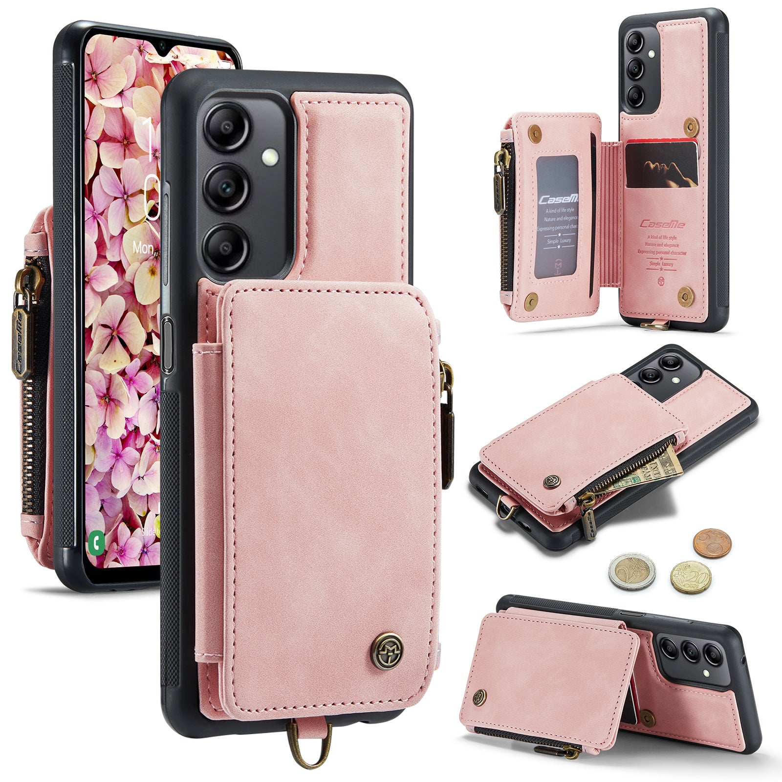 CASEME C20 Series Phone Case for Samsung Galaxy A14 4G RFID Blocking Zipper Pocket Kickstand Wallet Cover with Strap