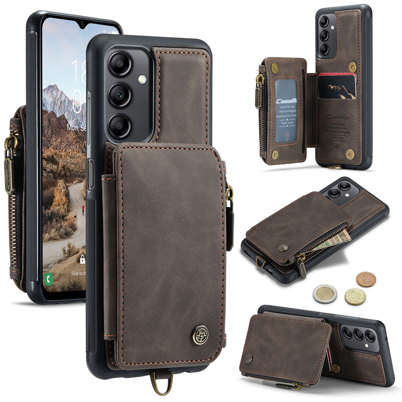 CASEME C20 Series Phone Case for Samsung Galaxy A14 4G RFID Blocking Zipper Pocket Kickstand Wallet Cover with Strap