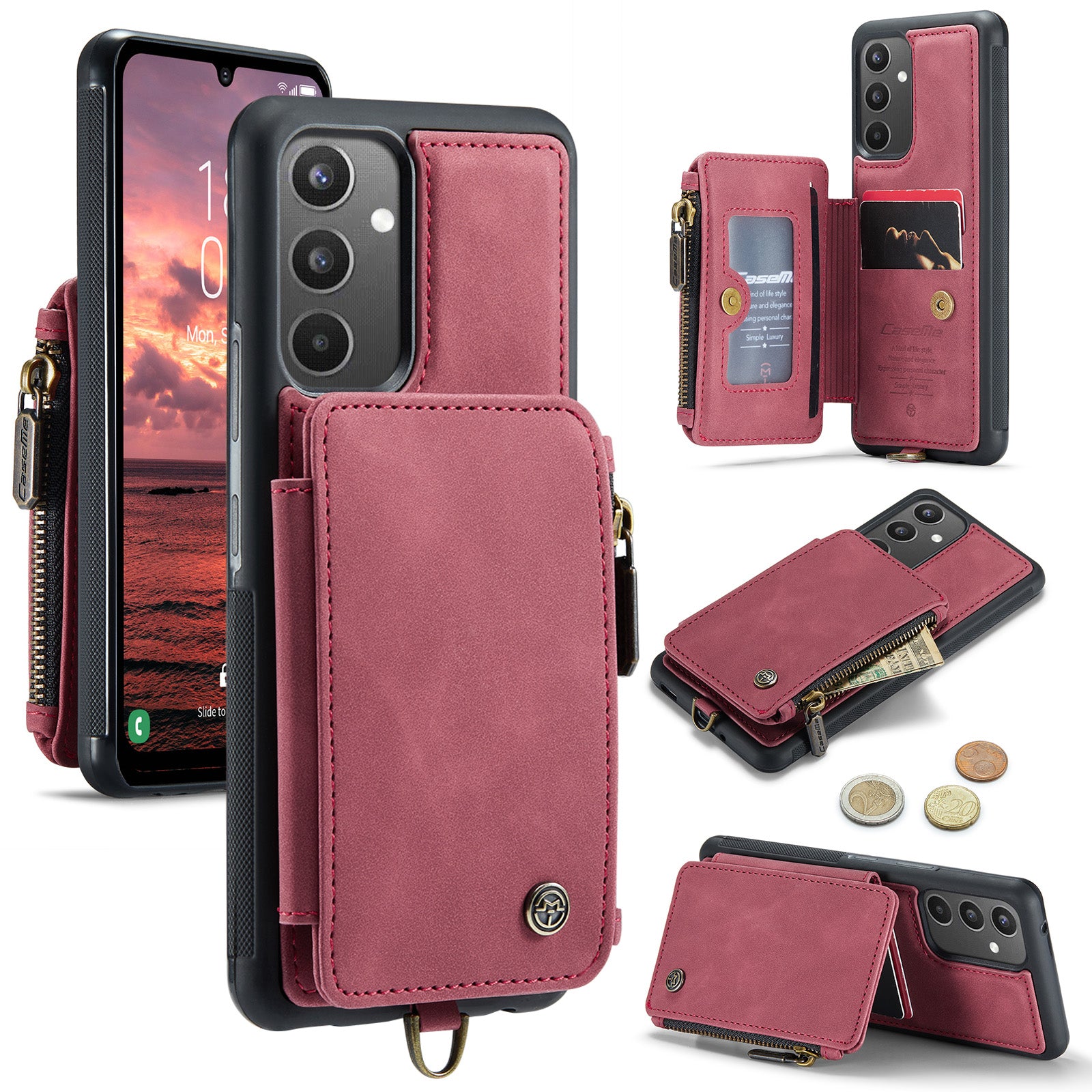 CASEME C20 Series for Samsung Galaxy A34 5G RFID Blocking Anti-fall Phone Cover Zipper Pocket Kickstand Phone Case with Strap