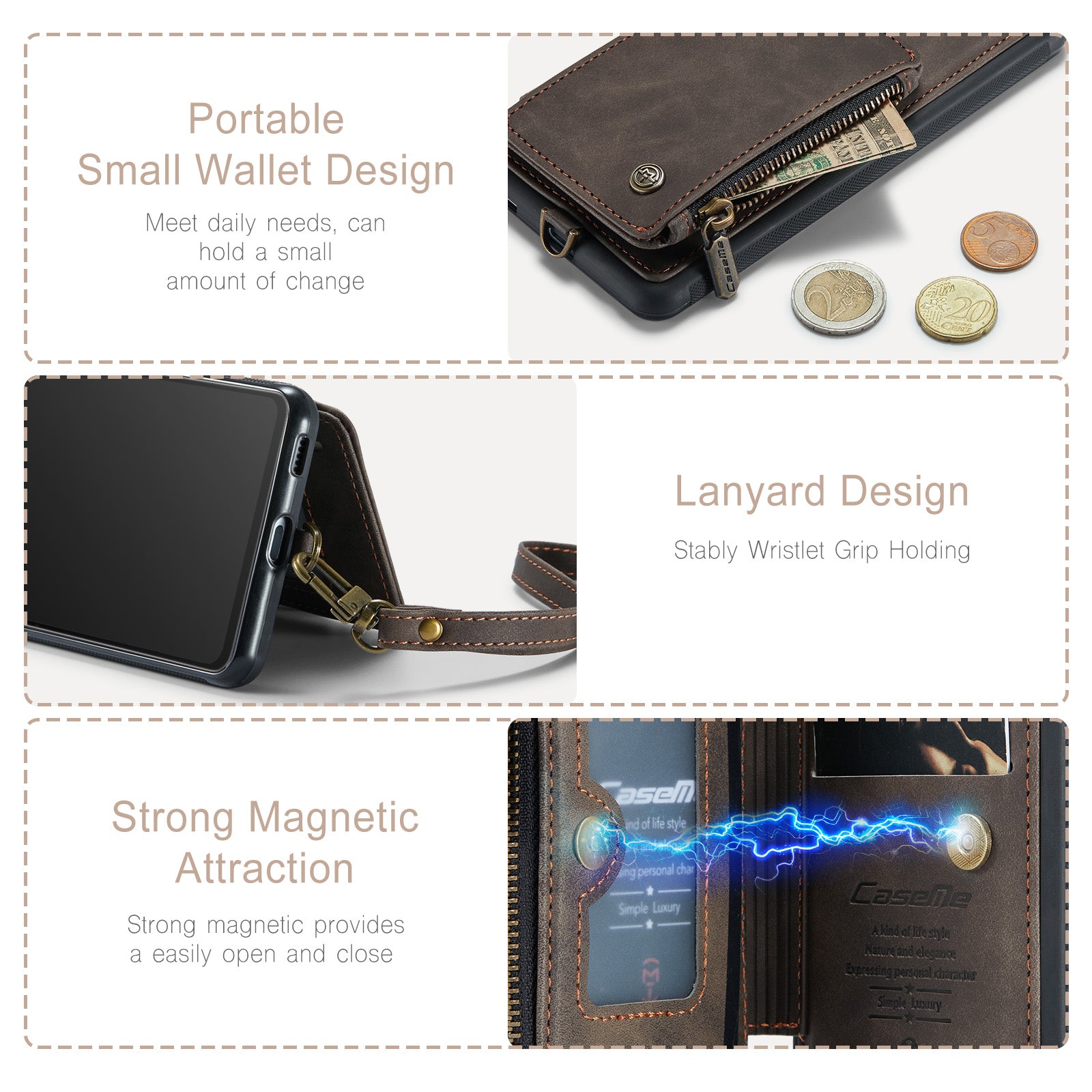 CASEME C20 Series Anti-drop Phone Case for Samsung Galaxy A54 5G RFID Blocking Zipper Pocket Phone Cover Wallet Kickstand with Strap
