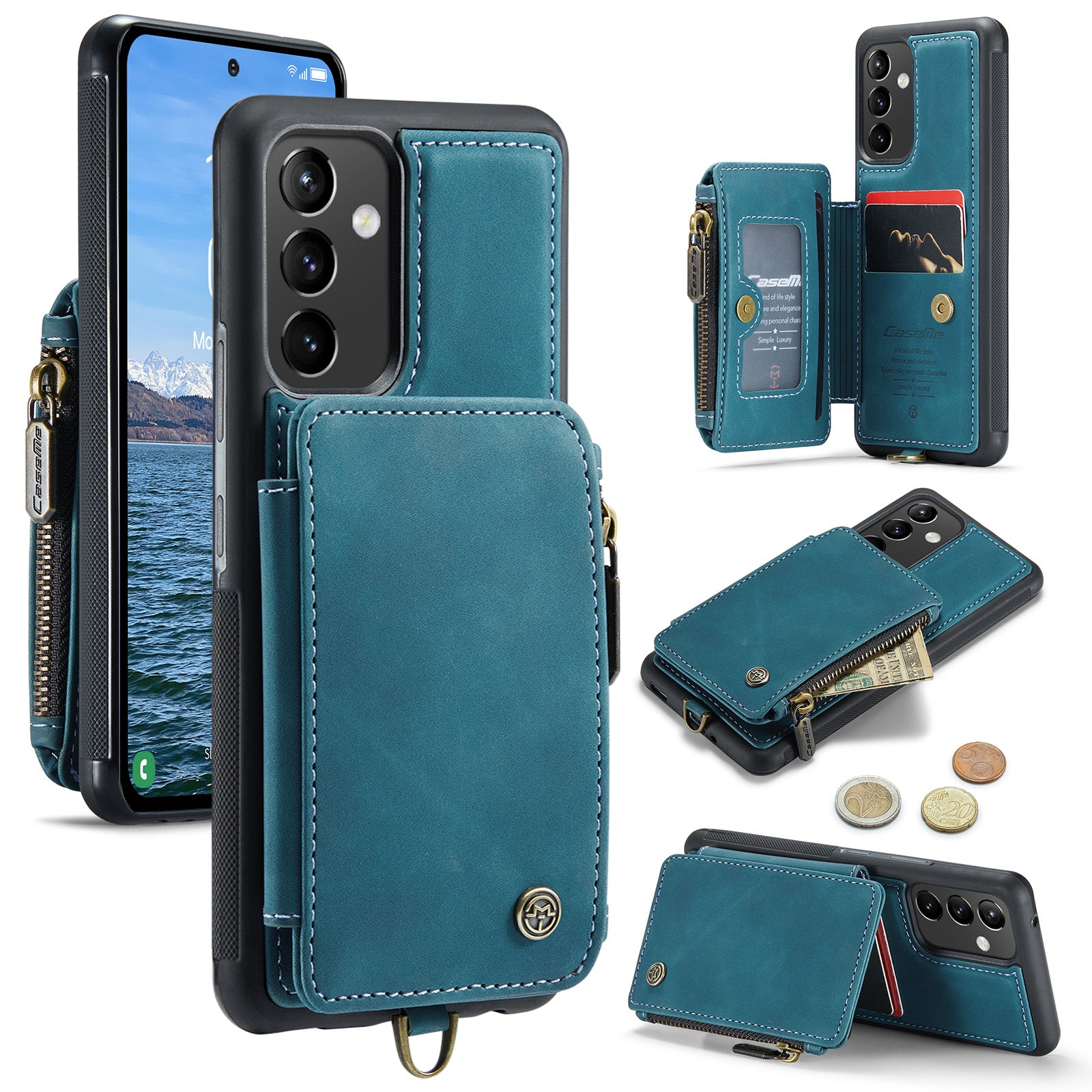 CASEME C20 Series Anti-drop Phone Case for Samsung Galaxy A54 5G RFID Blocking Zipper Pocket Phone Cover Wallet Kickstand with Strap