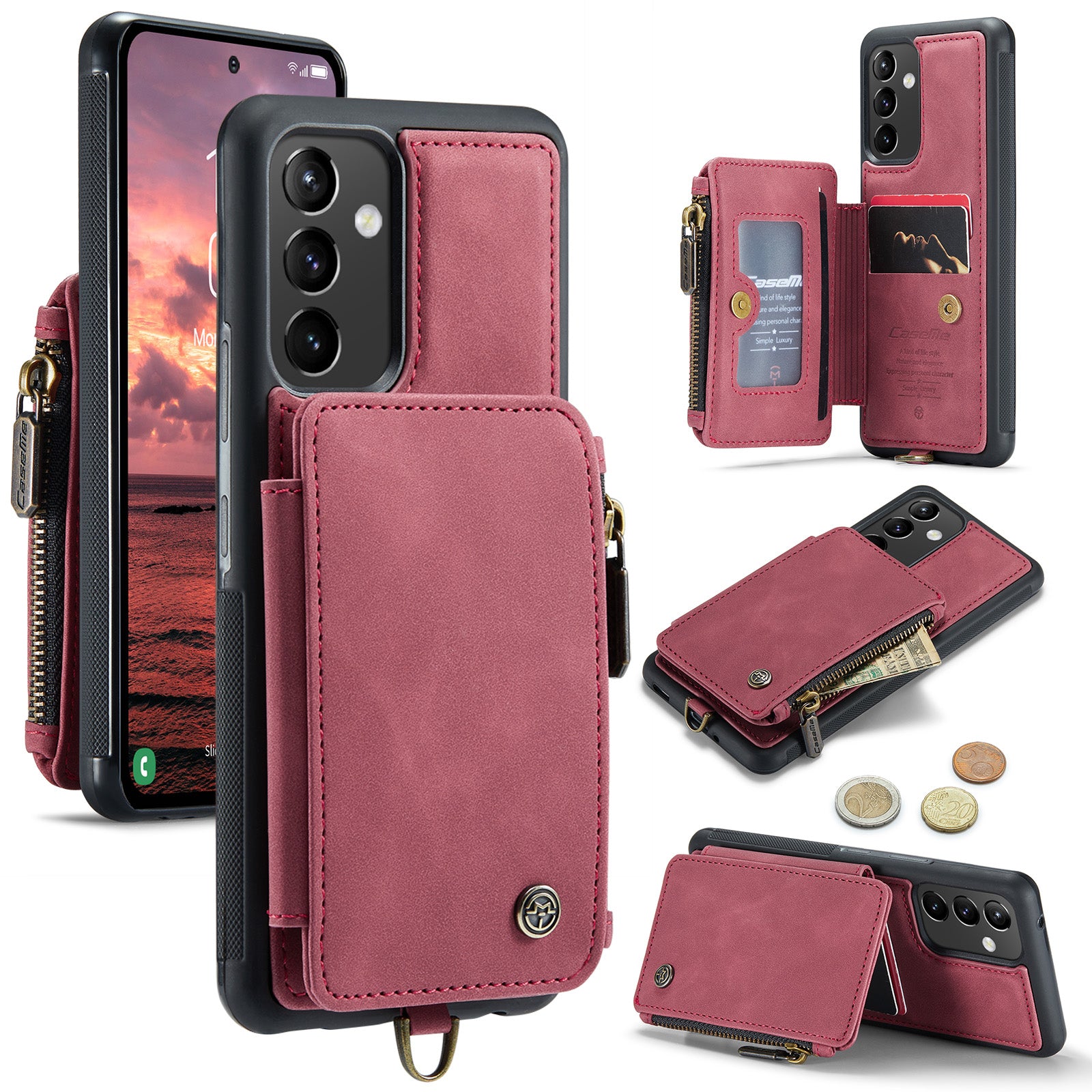 CASEME C20 Series Anti-drop Phone Case for Samsung Galaxy A54 5G RFID Blocking Zipper Pocket Phone Cover Wallet Kickstand with Strap