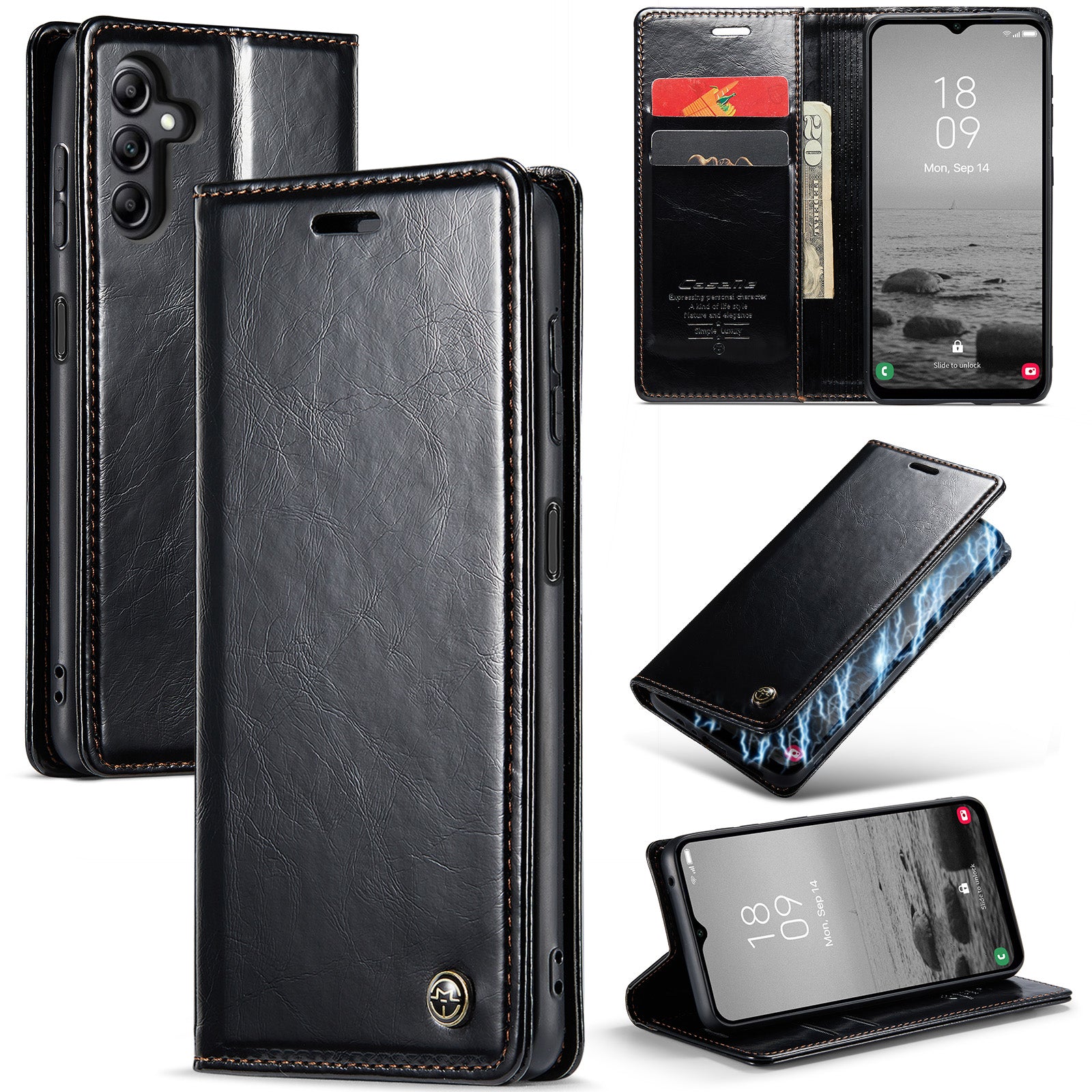 CASEME 003 Series For Samsung Galaxy A14 5G Waxy Texture PU Leather Cell Phone Cover Magnetic Auto-absorbed Phone Case Wallet Stand Shell