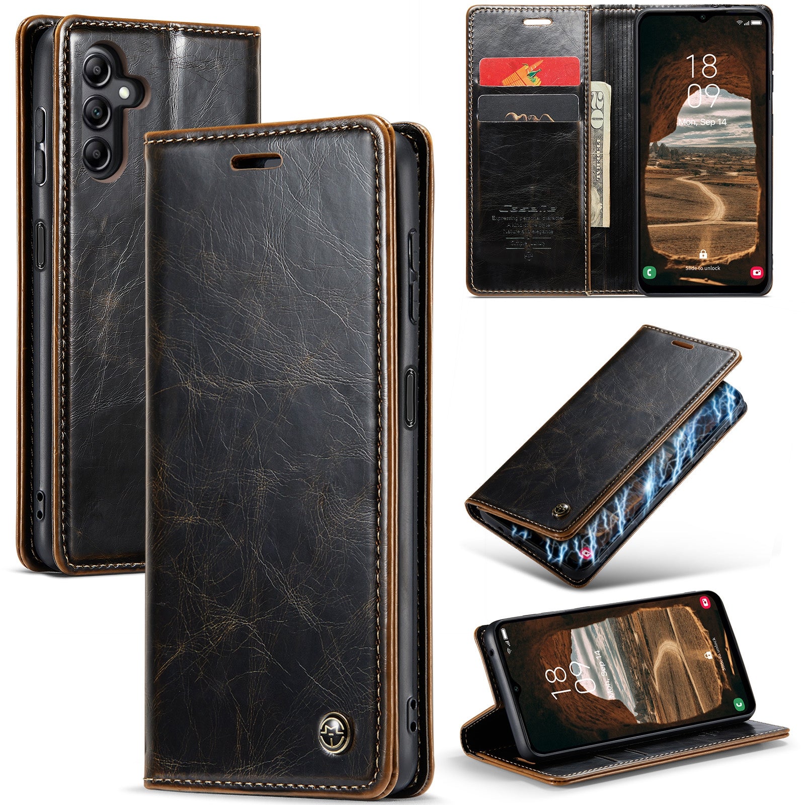 CASEME 003 Series For Samsung Galaxy A14 5G Waxy Texture PU Leather Cell Phone Cover Magnetic Auto-absorbed Phone Case Wallet Stand Shell