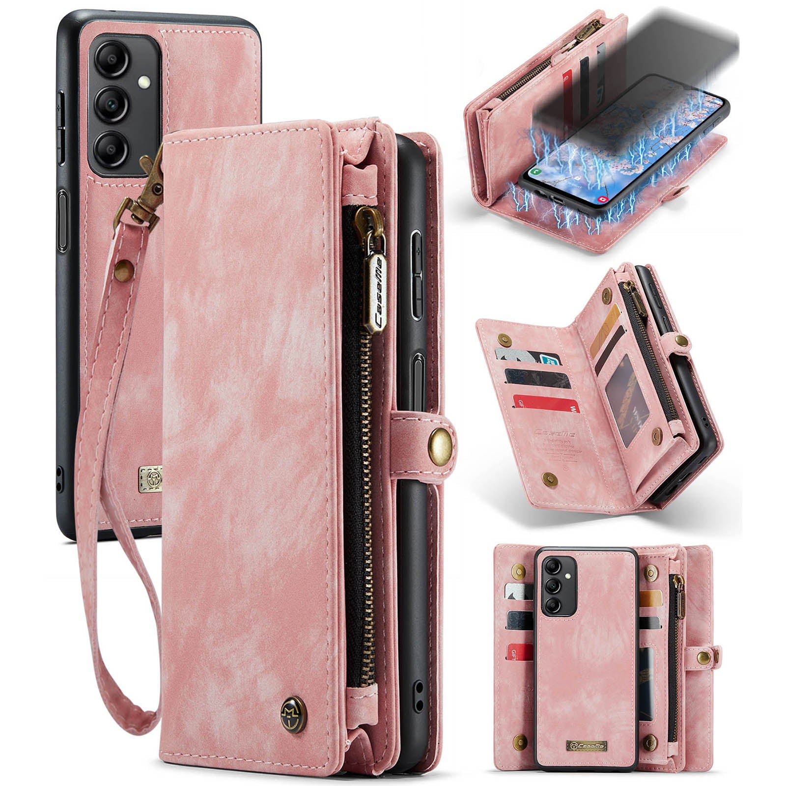 CASEME 008 Series for Samsung Galaxy A14 5G Zipper Pocket Design PU Leather Case Detachable Phone Stand Wallet Cover