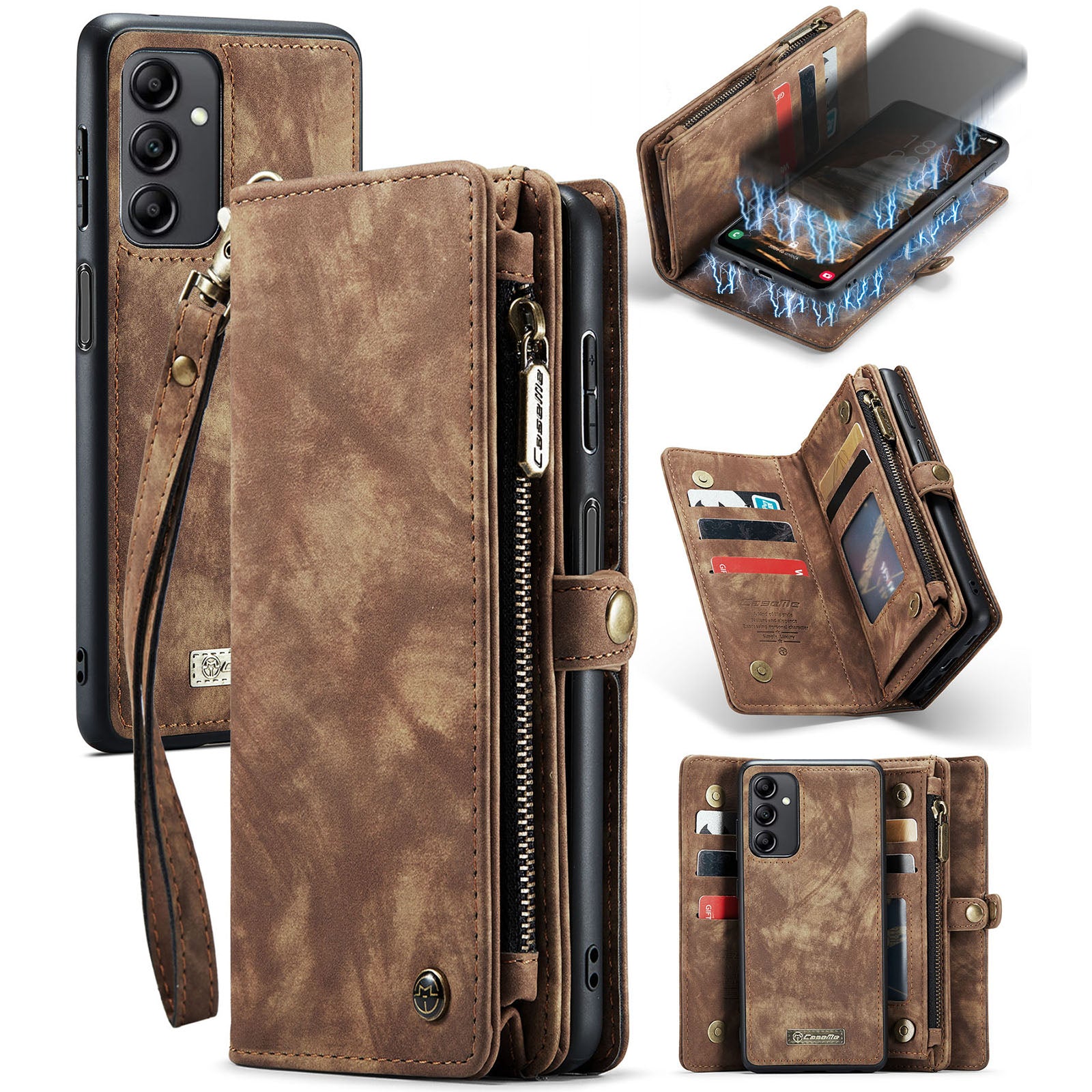 CASEME 008 Series for Samsung Galaxy A14 5G Zipper Pocket Design PU Leather Case Detachable Phone Stand Wallet Cover