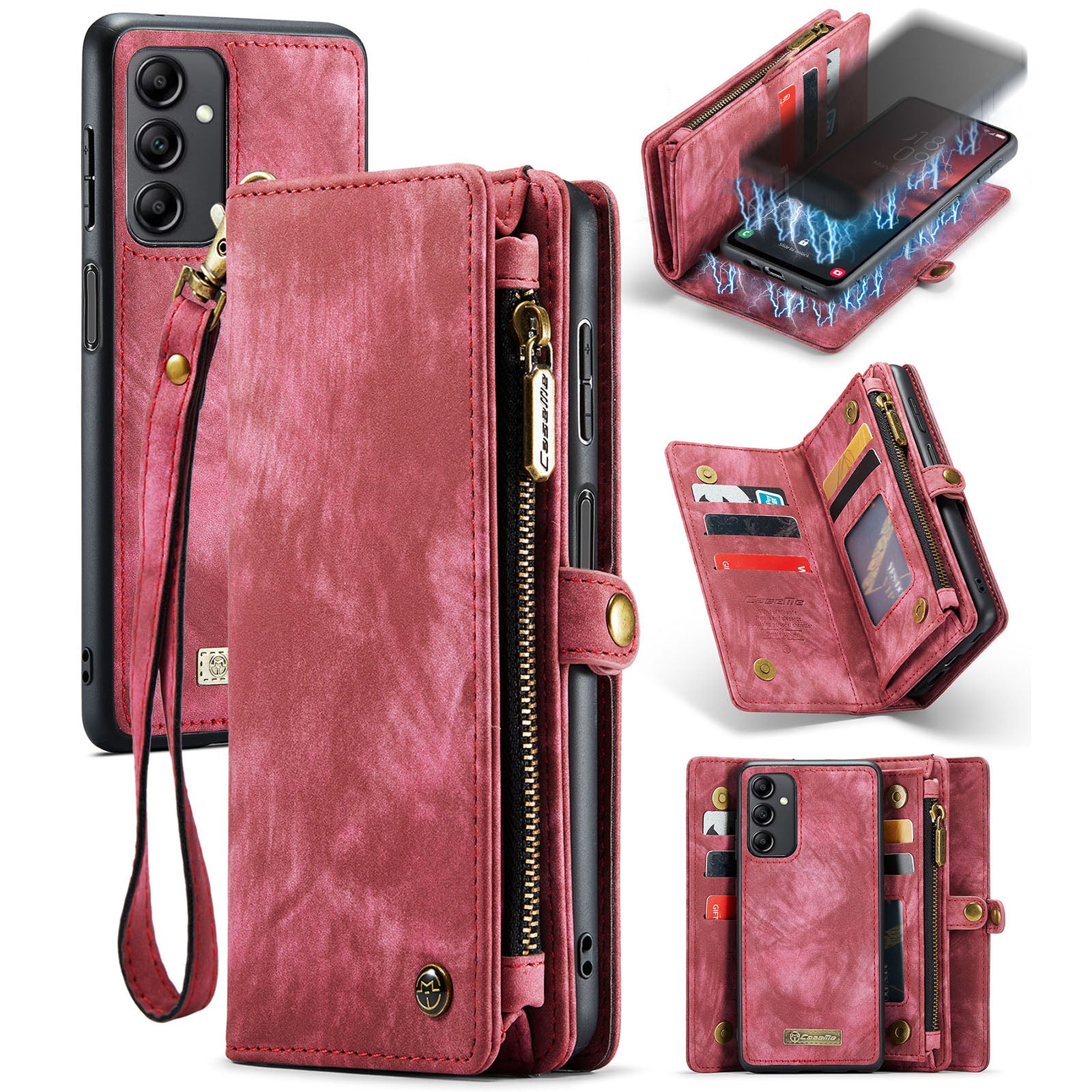 CASEME 008 Series for Samsung Galaxy A14 5G Zipper Pocket Design PU Leather Case Detachable Phone Stand Wallet Cover