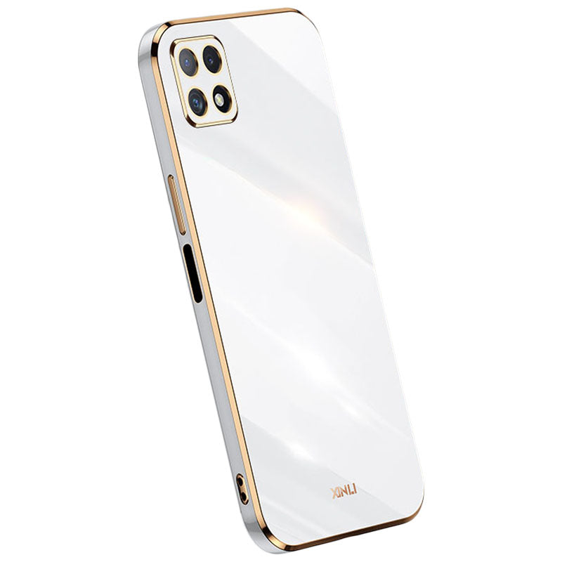 Pouzdro na telefon XINLI pro Samsung Galaxy A22 5G (verze EU) Galvanické pokovování Golden Edge Bump Proof TPU ochranný kryt