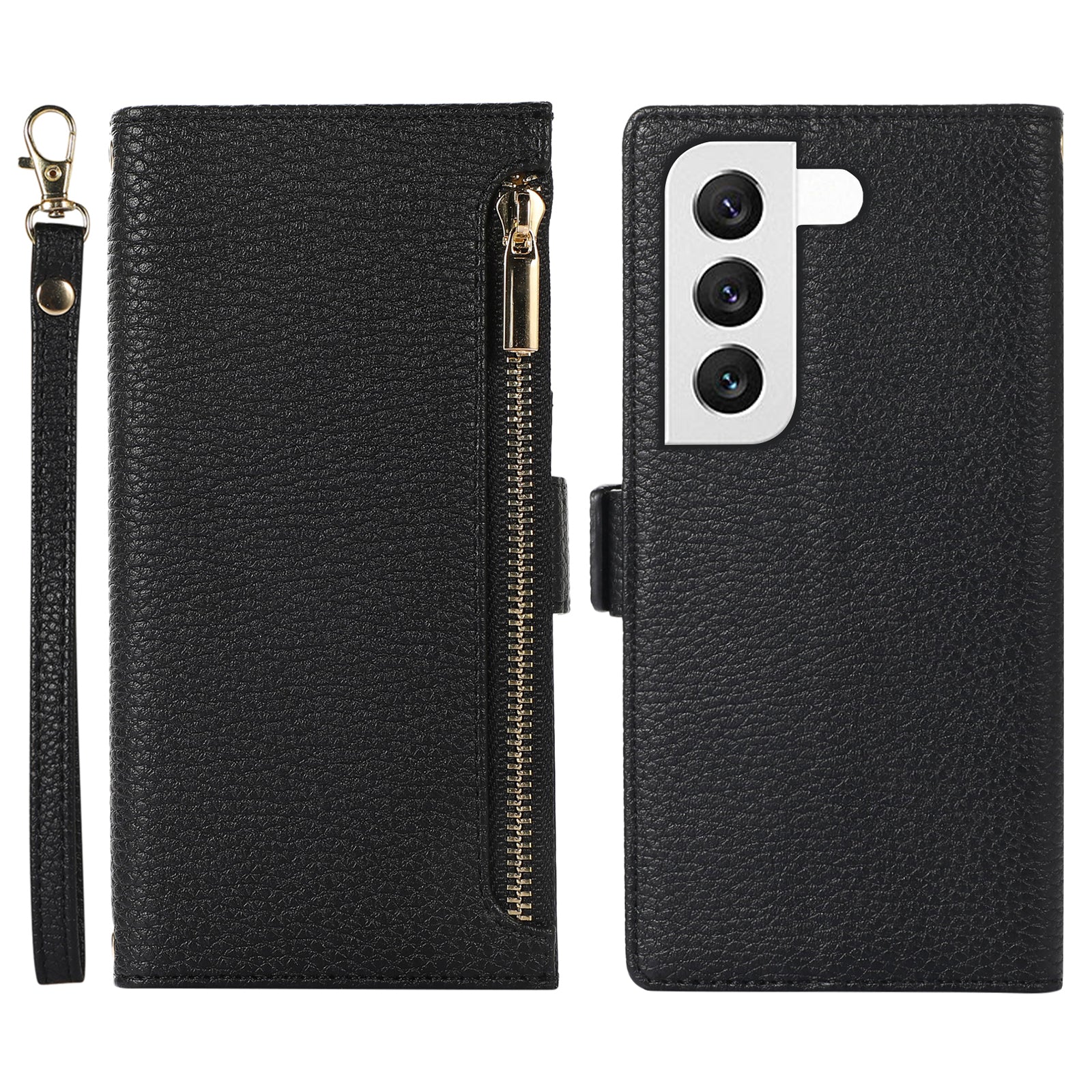 For Samsung Galaxy S23 Full Protection Phone Case Litchi Texture Zipper Pocket Stand Flip Leather Wallet Phone Cover with Strap