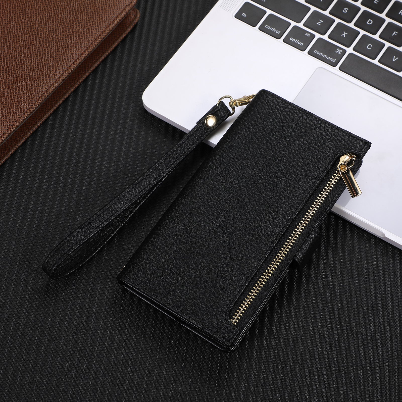 For Samsung Galaxy S23 Full Protection Phone Case Litchi Texture Zipper Pocket Stand Flip Leather Wallet Phone Cover with Strap