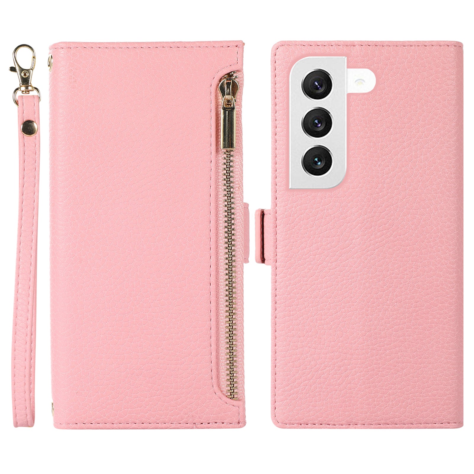 For Samsung Galaxy S23 Full Protection Phone Case Litchi Texture Zipper Pocket Stand Flip Leather Wallet Phone Cover with Strap