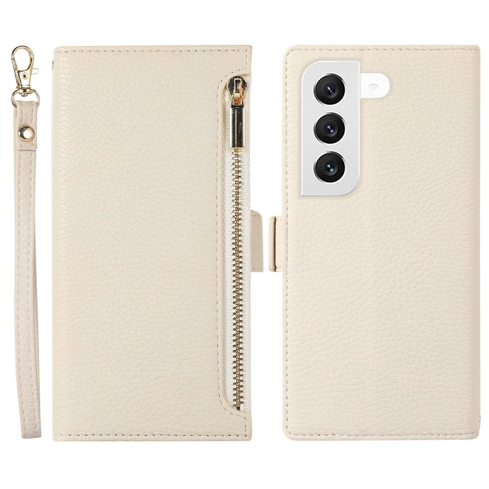 For Samsung Galaxy S23 Full Protection Phone Case Litchi Texture Zipper Pocket Stand Flip Leather Wallet Phone Cover with Strap