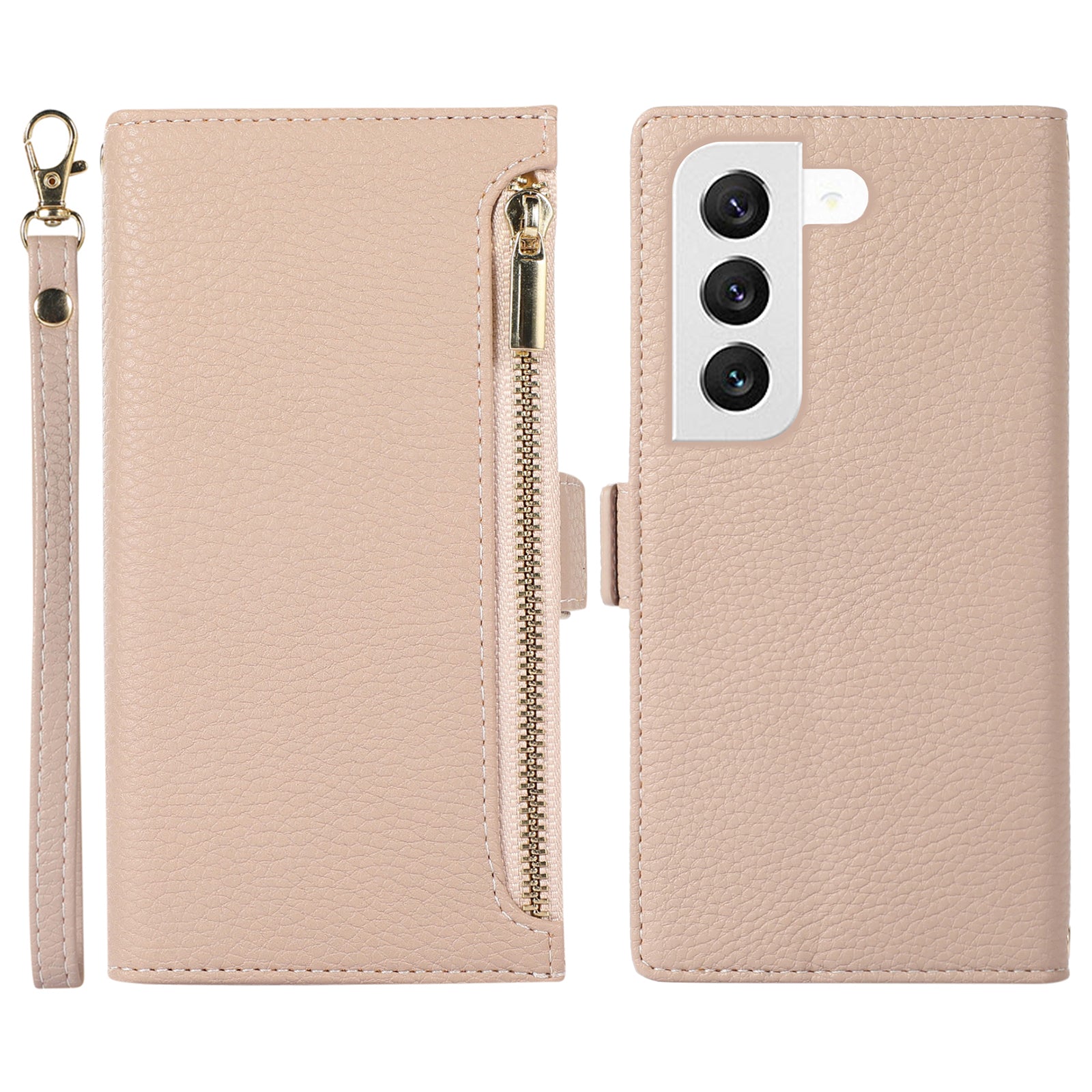 For Samsung Galaxy S23 Full Protection Phone Case Litchi Texture Zipper Pocket Stand Flip Leather Wallet Phone Cover with Strap