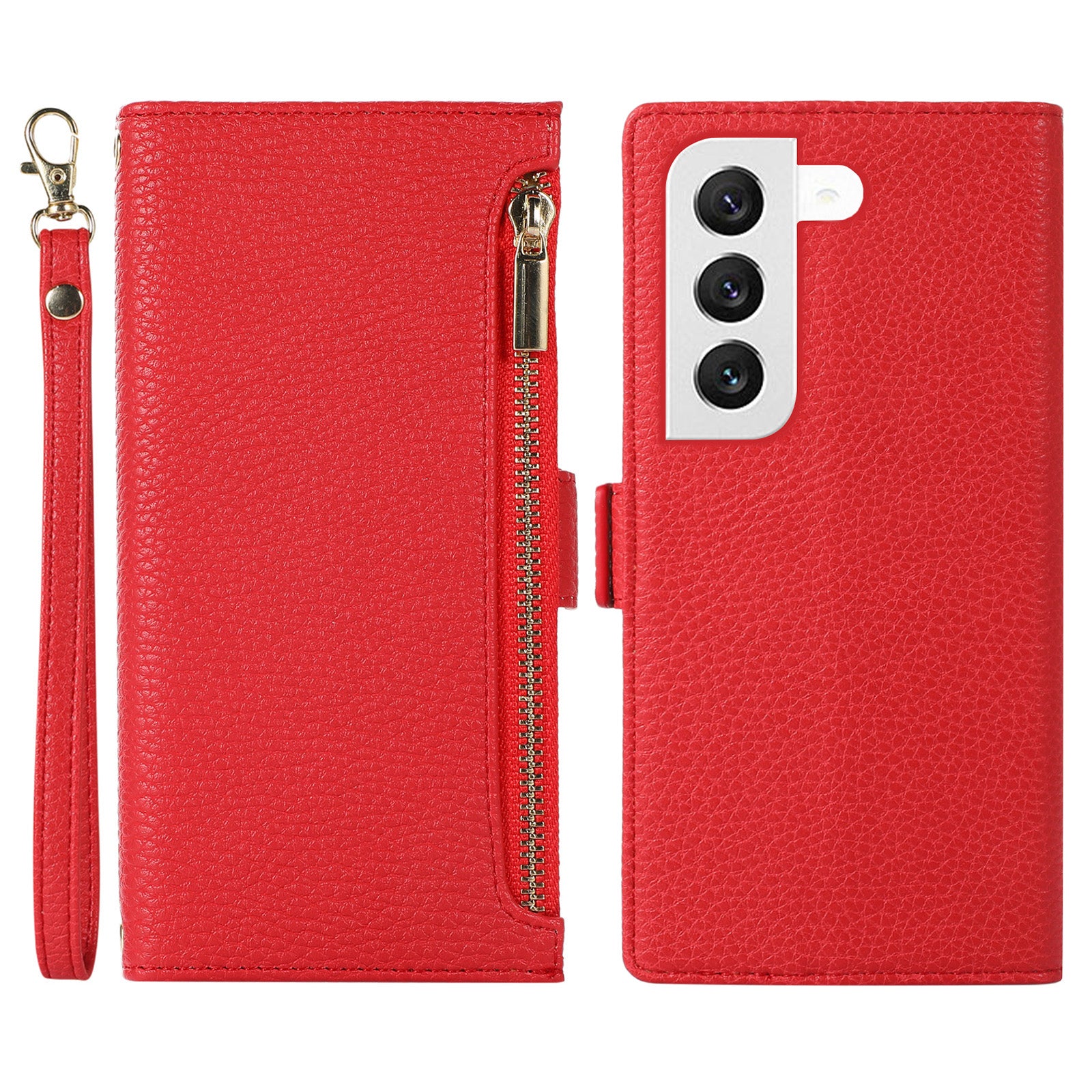 For Samsung Galaxy S23 Full Protection Phone Case Litchi Texture Zipper Pocket Stand Flip Leather Wallet Phone Cover with Strap