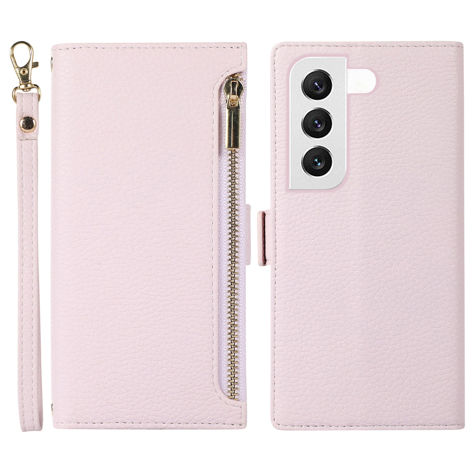 For Samsung Galaxy S23 Full Protection Phone Case Litchi Texture Zipper Pocket Stand Flip Leather Wallet Phone Cover with Strap
