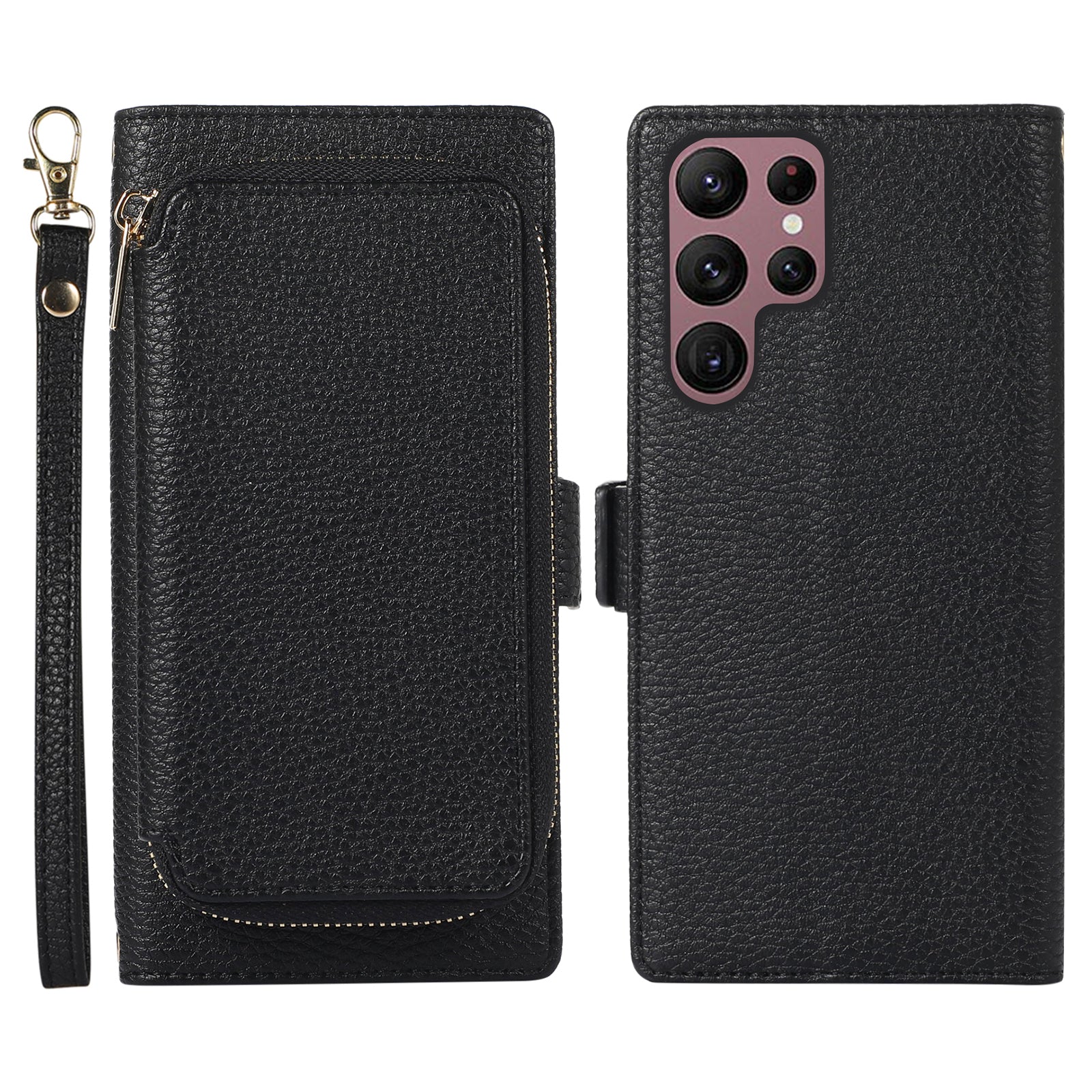 Protective PU Leather Phone Case for Samsung Galaxy S23 Ultra 2-in-1 Magnetic Wallet Phone Cover with Zipper Card Bag