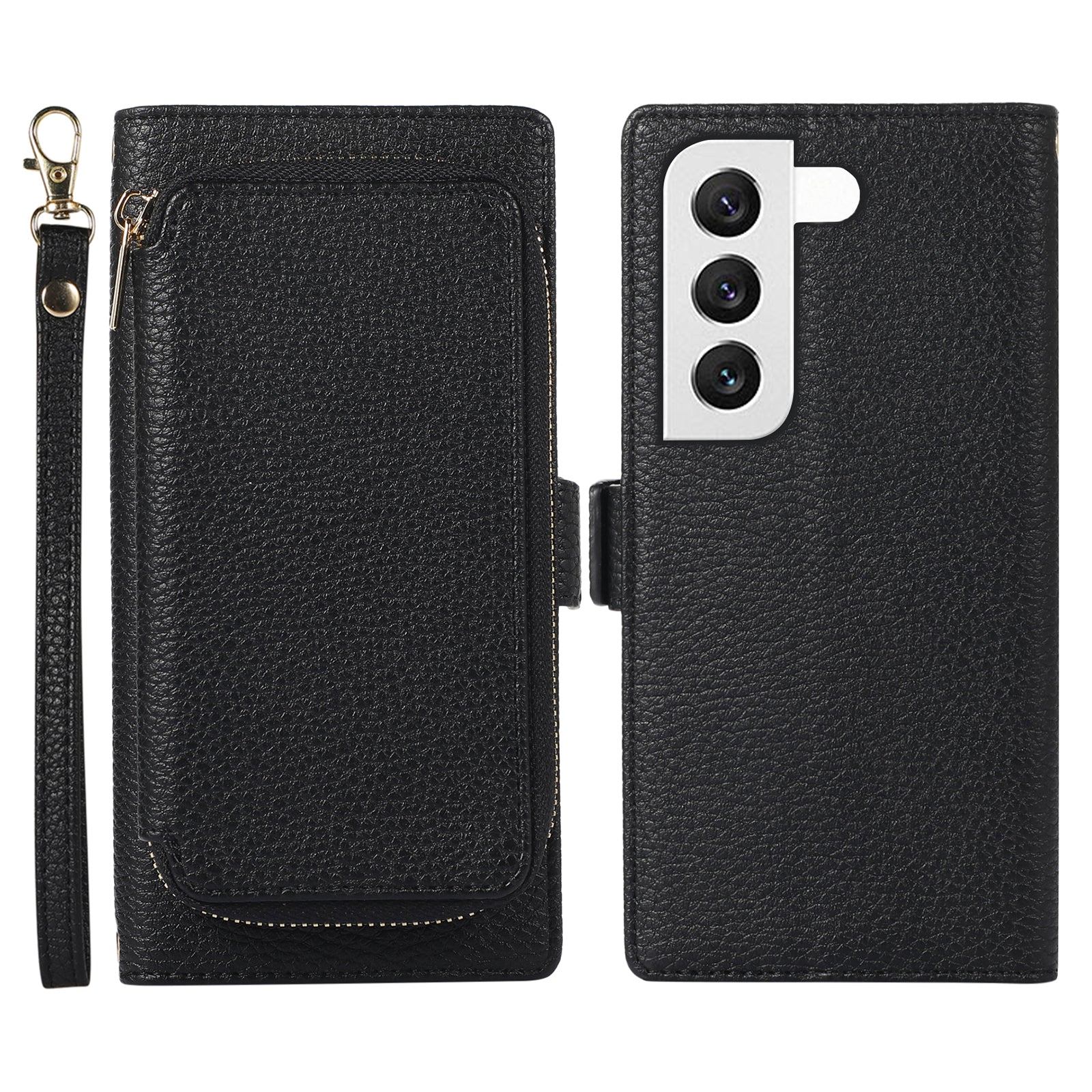 Shockproof Phone Case Wallet for Samsung Galaxy S23 PU Leather 2-in-1 Magnetic Phone Cover Stand with Zipper Card Bag