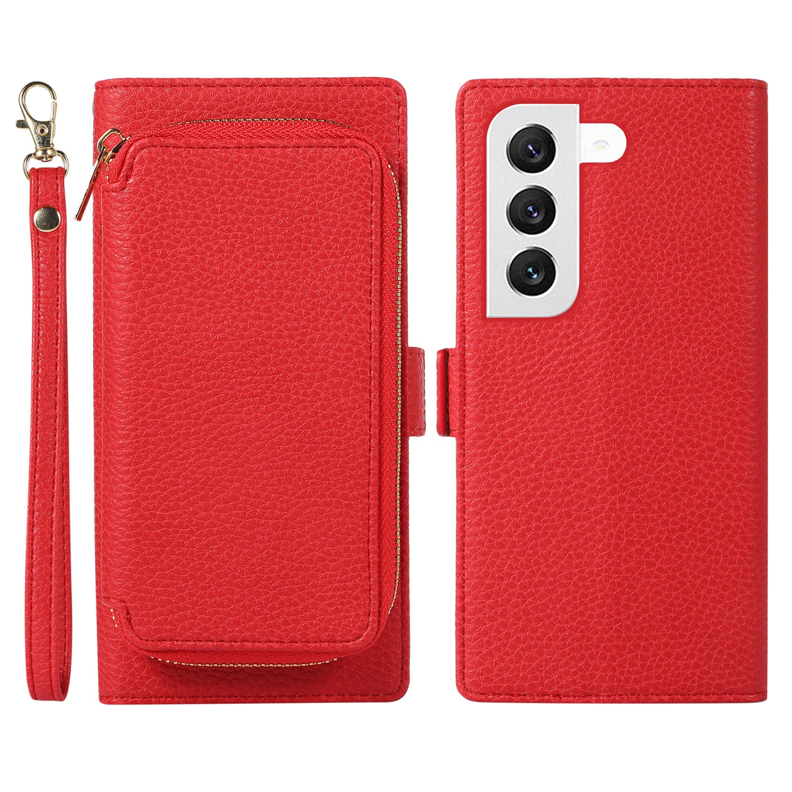 Shockproof Phone Case Wallet for Samsung Galaxy S23 PU Leather 2-in-1 Magnetic Phone Cover Stand with Zipper Card Bag