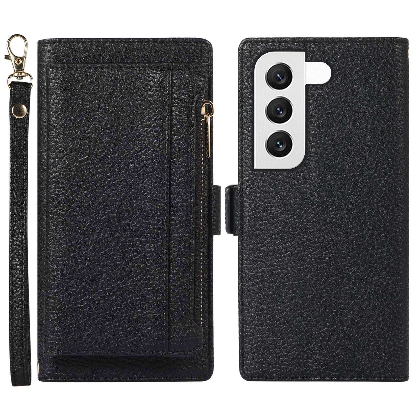 Anti-drop Phone Case For Samsung Galaxy S23 Detachable Litchi Texture PU Leather Zipper Wallet Cover Stand with Strap