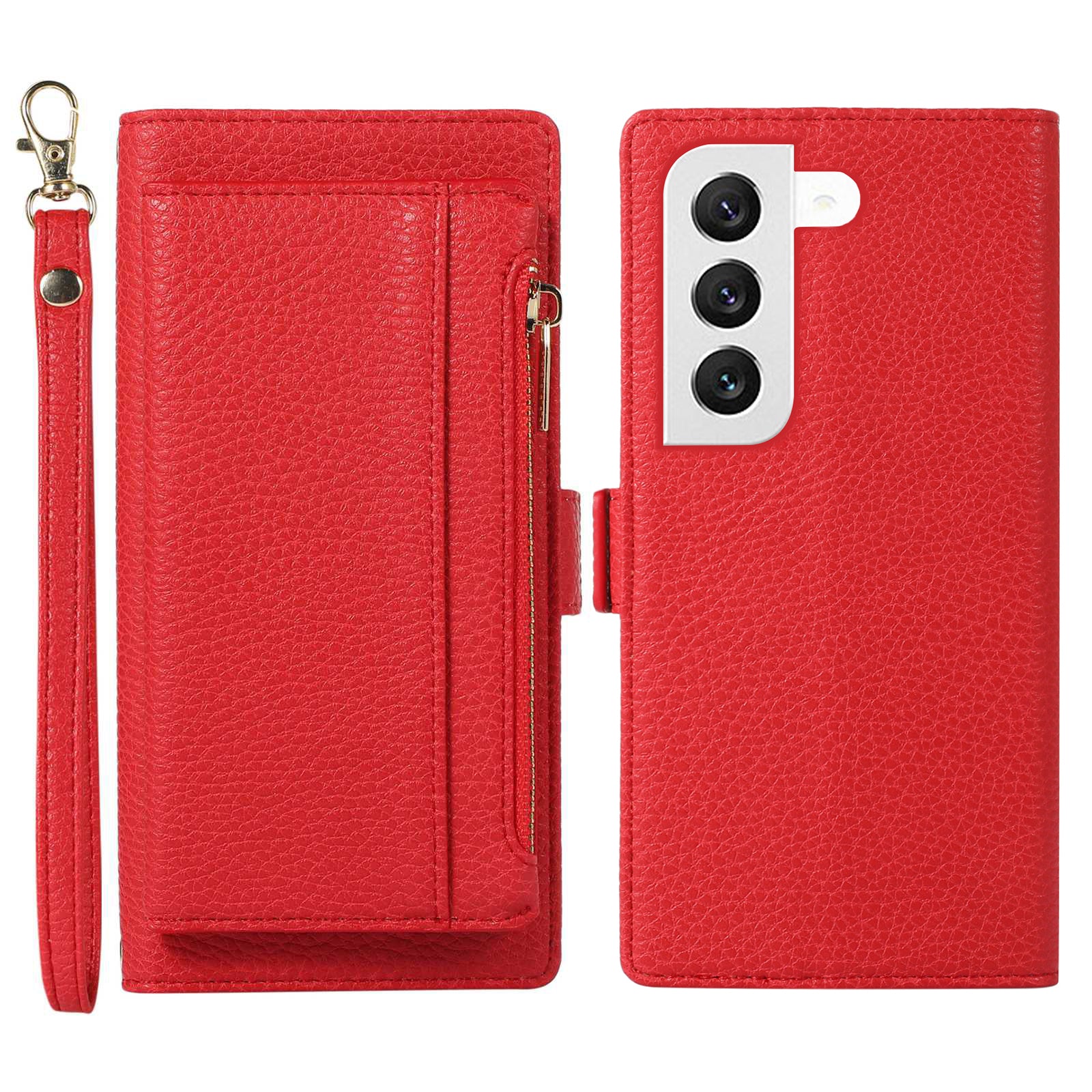 Anti-drop Phone Case For Samsung Galaxy S23 Detachable Litchi Texture PU Leather Zipper Wallet Cover Stand with Strap