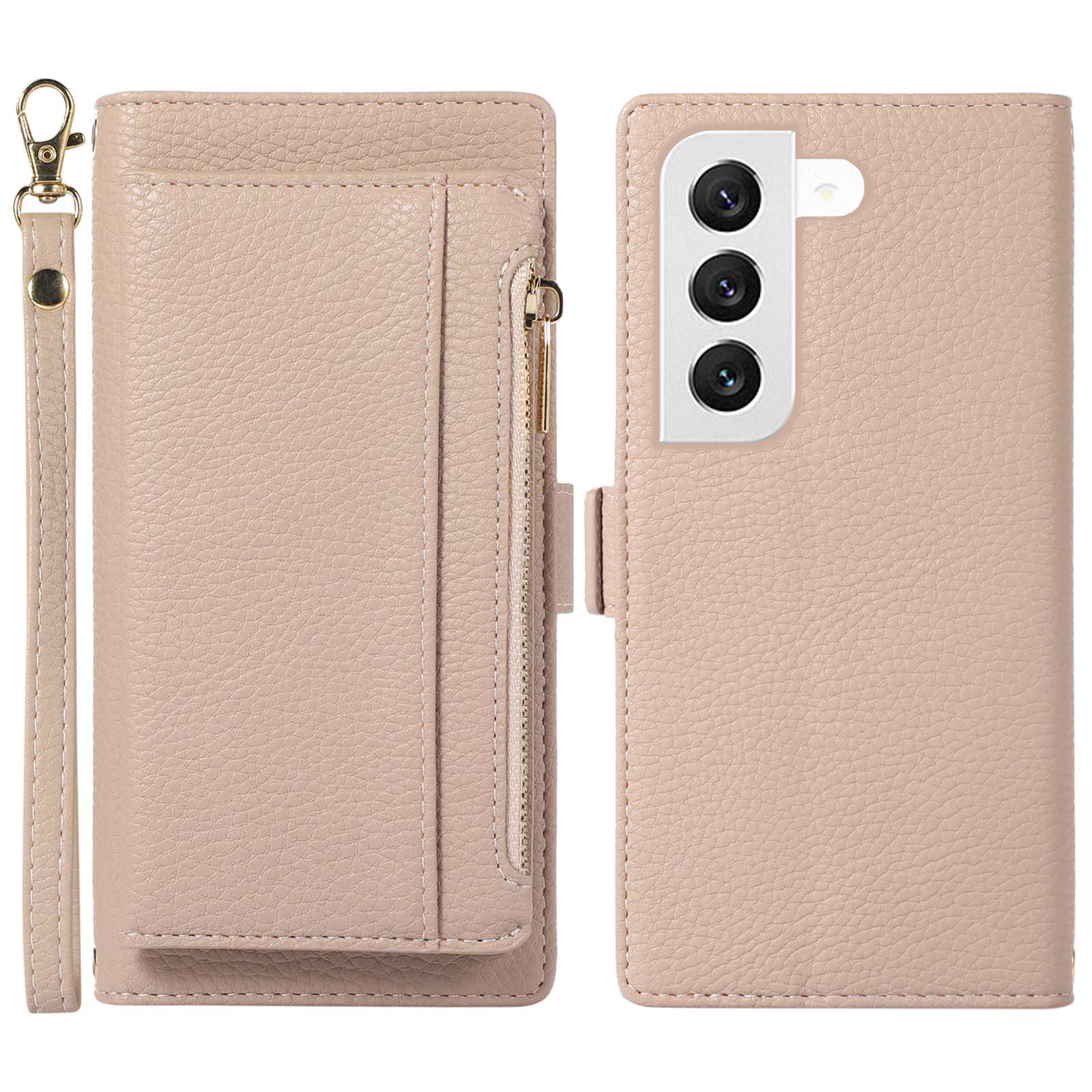 Anti-drop Phone Case For Samsung Galaxy S23 Detachable Litchi Texture PU Leather Zipper Wallet Cover Stand with Strap