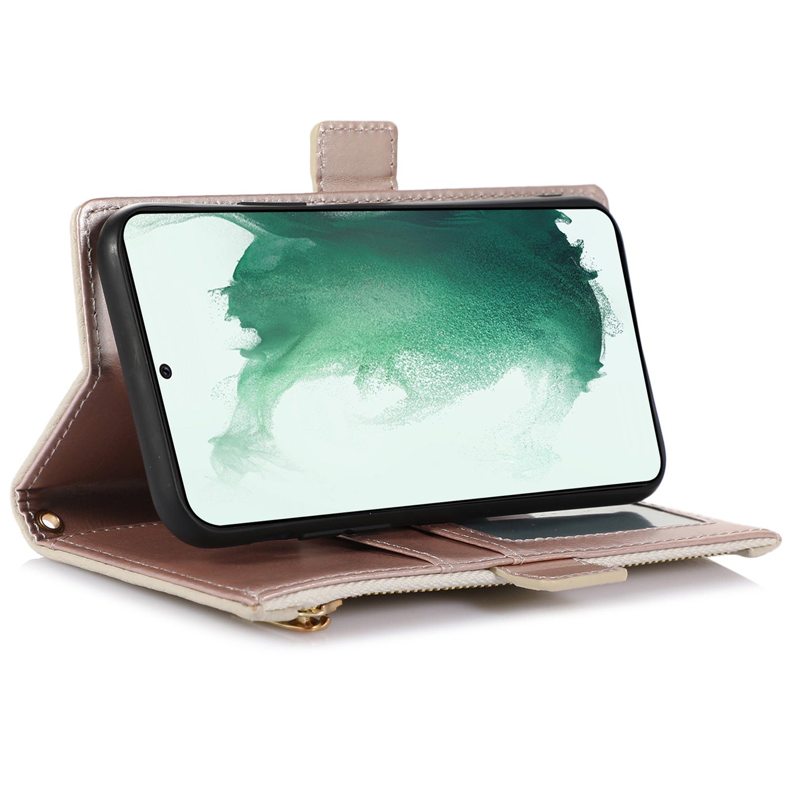 Anti-drop Phone Case For Samsung Galaxy S23 Detachable Litchi Texture PU Leather Zipper Wallet Cover Stand with Strap