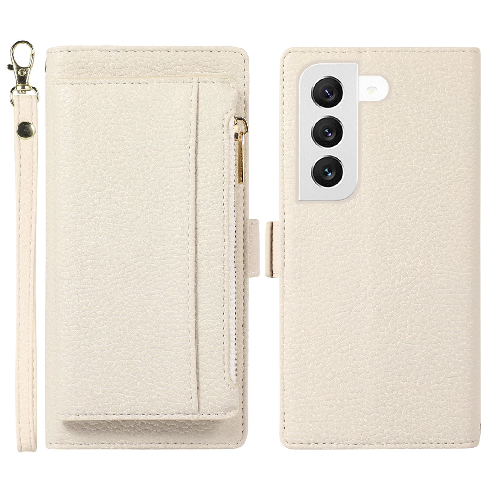 Anti-drop Phone Case For Samsung Galaxy S23 Detachable Litchi Texture PU Leather Zipper Wallet Cover Stand with Strap