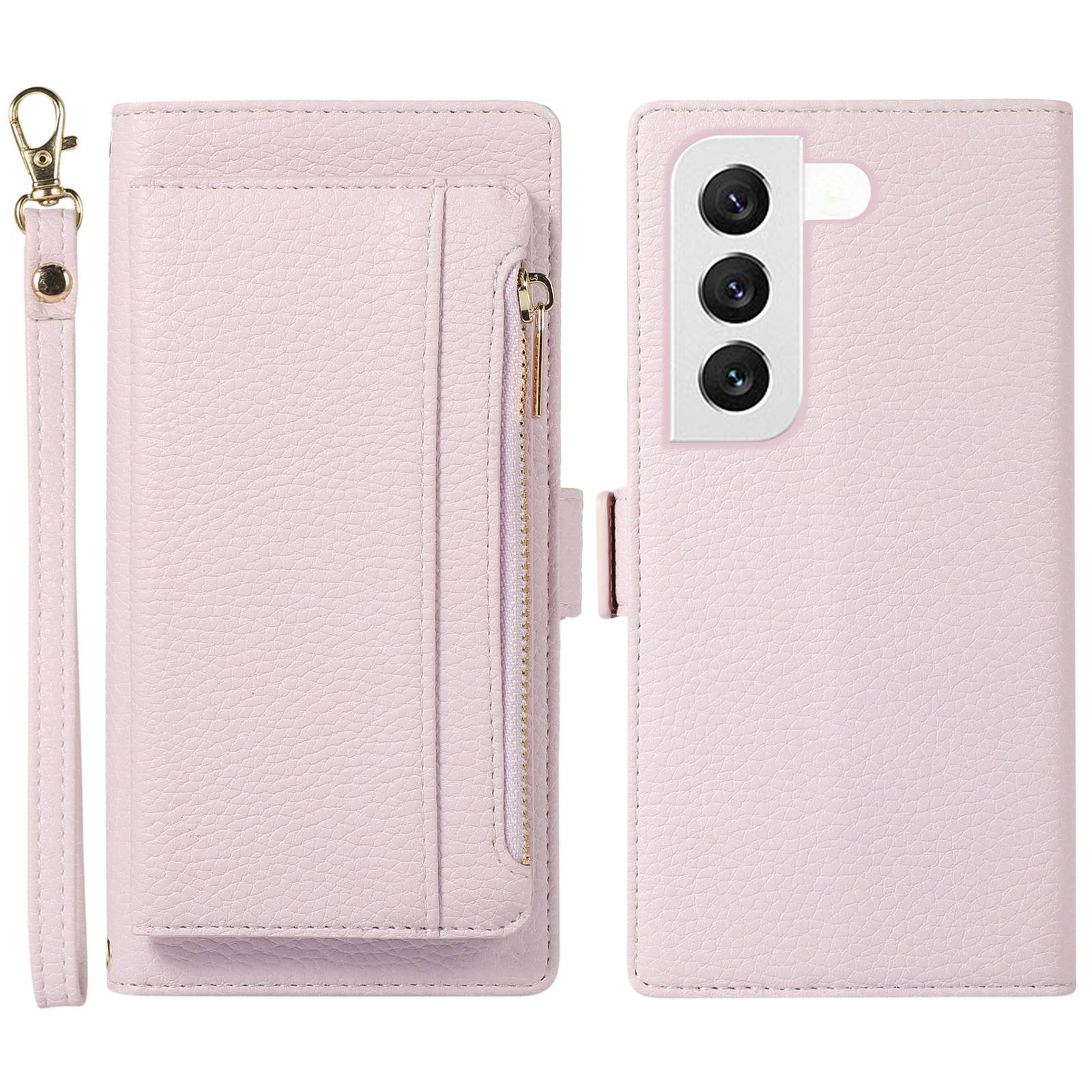 Anti-drop Phone Case For Samsung Galaxy S23 Detachable Litchi Texture PU Leather Zipper Wallet Cover Stand with Strap