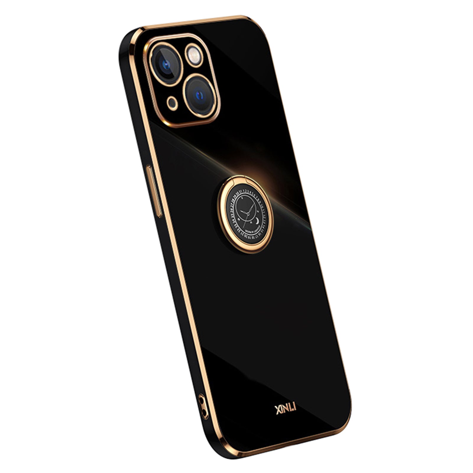 XINLI For iPhone 14 Cell Phone Cover Electroplating Golden Edge Shockproof Smartphone Case with Ring Kickstand - Purple