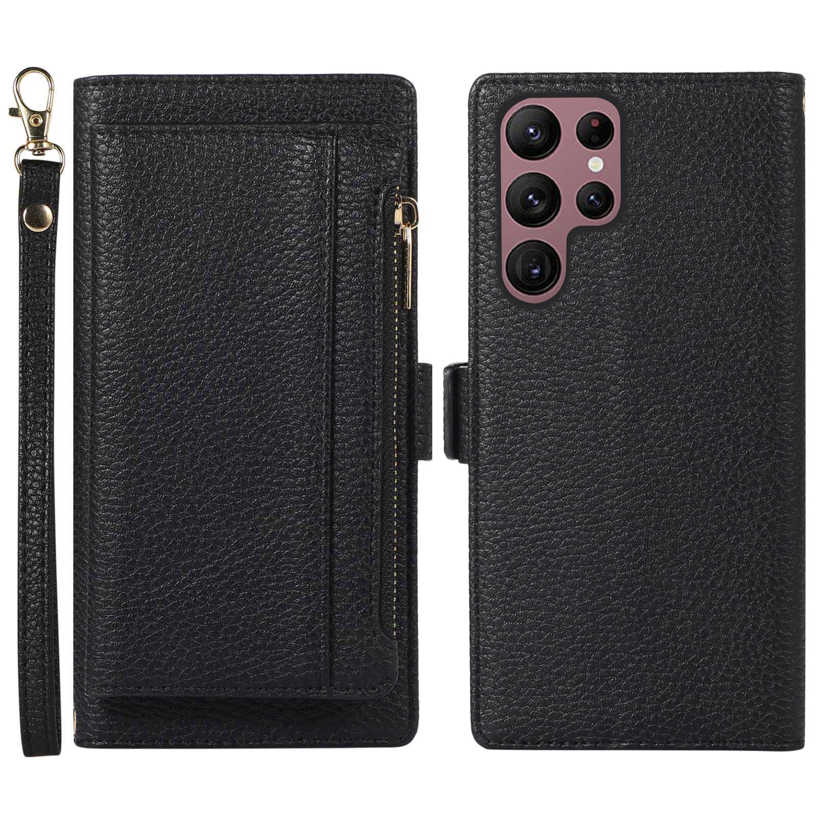 Phone Case for Samsung Galaxy S23 Ultra Litchi Texture PU Leather Detachable Zipper Wallet Cover Stand with Strap