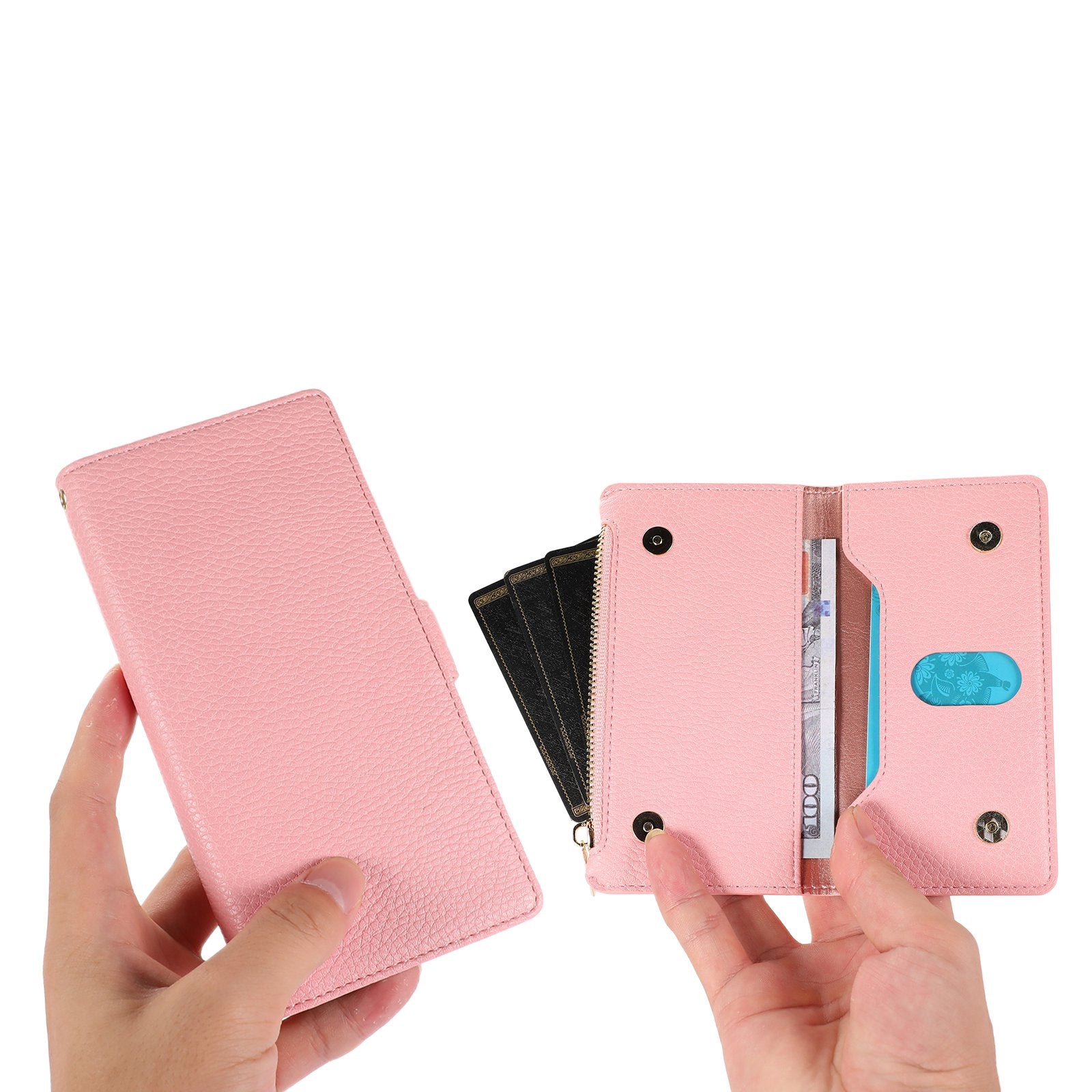 Phone Case for Samsung Galaxy S23 Ultra Litchi Texture PU Leather Detachable Zipper Wallet Cover Stand with Strap