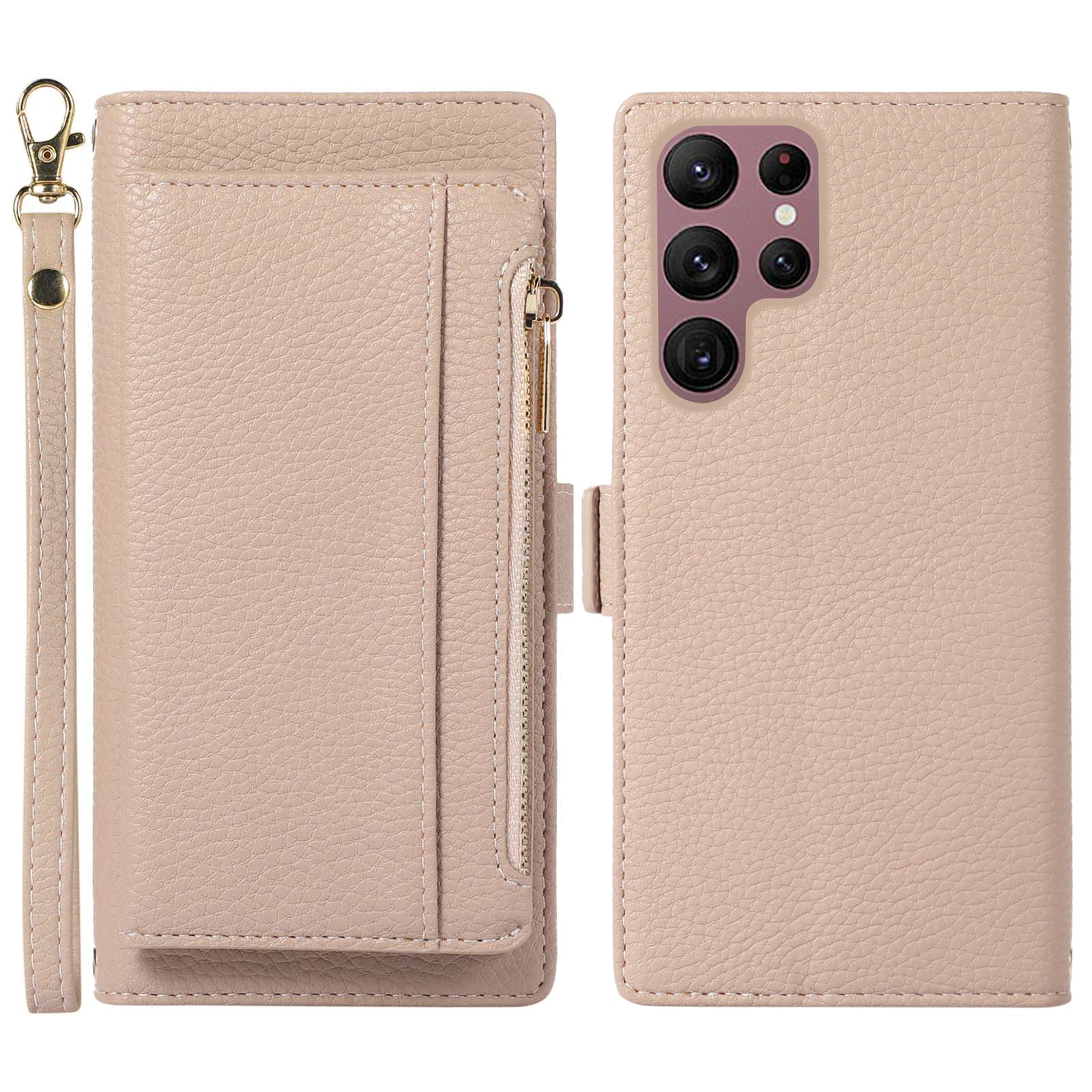 Phone Case for Samsung Galaxy S23 Ultra Litchi Texture PU Leather Detachable Zipper Wallet Cover Stand with Strap