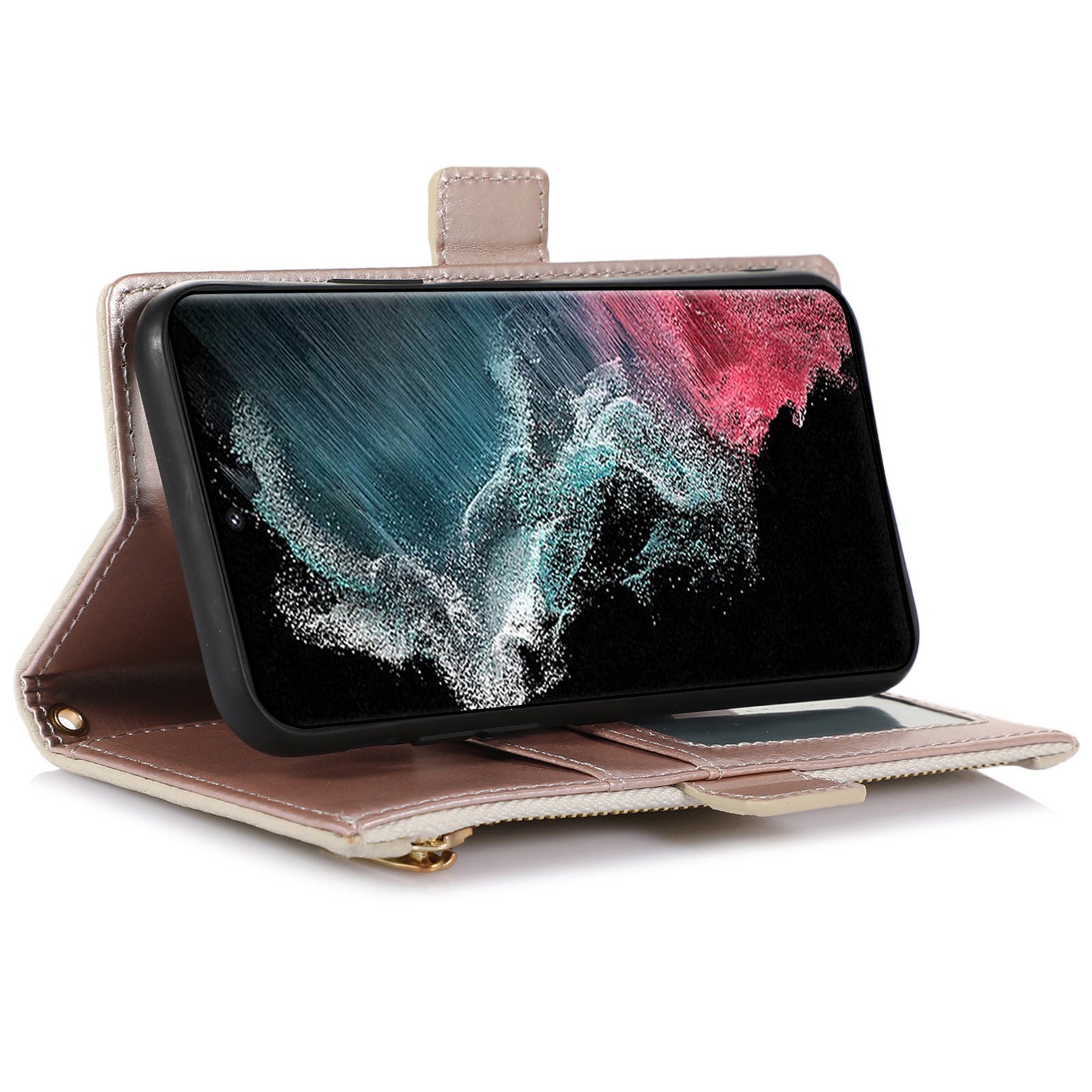Phone Case for Samsung Galaxy S23 Ultra Litchi Texture PU Leather Detachable Zipper Wallet Cover Stand with Strap
