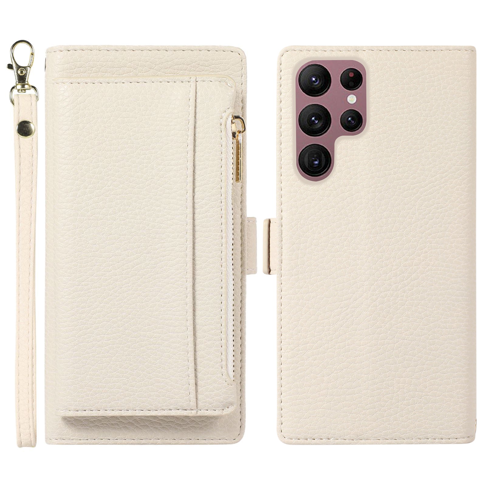 Phone Case for Samsung Galaxy S23 Ultra Litchi Texture PU Leather Detachable Zipper Wallet Cover Stand with Strap