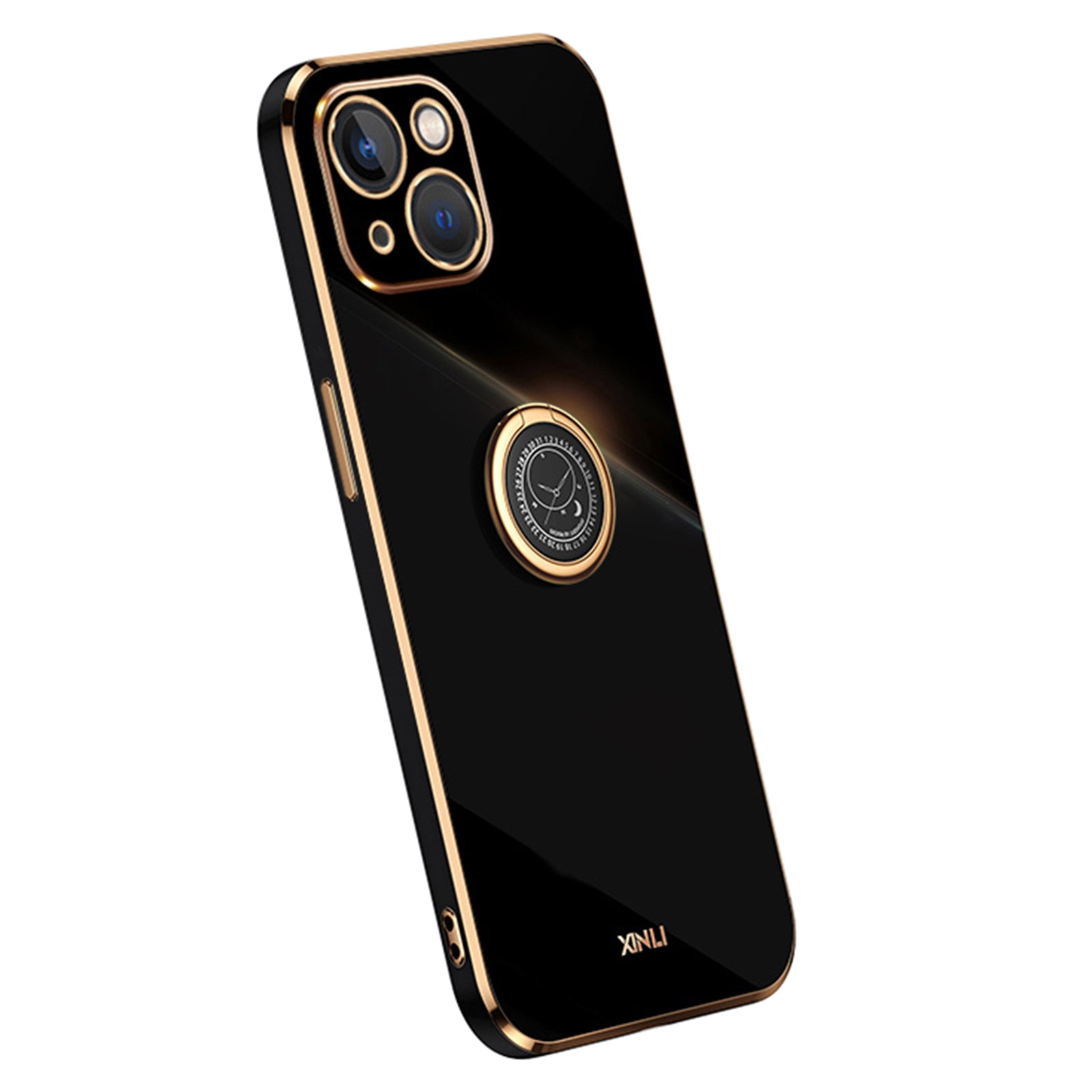 XINLI For iPhone 13 6.1 inch Ring Kickstand Soft TPU Back Shell, Electroplating Golden Edge Case Cover - Pink