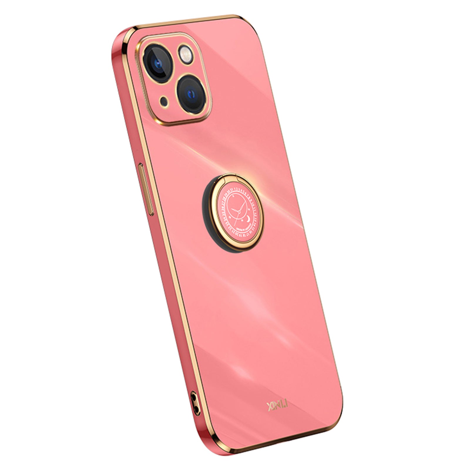 XINLI For iPhone 13 6.1 inch Ring Kickstand Soft TPU Back Shell, Electroplating Golden Edge Case Cover - Pink
