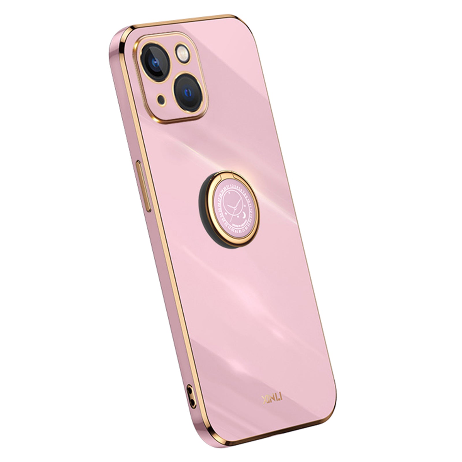 XINLI For iPhone 13 6.1 inch Ring Kickstand Soft TPU Back Shell, Electroplating Golden Edge Case Cover - Pink