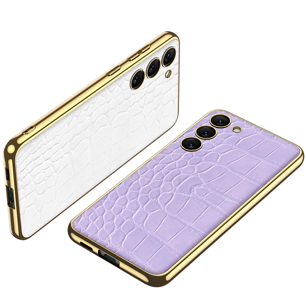 GKK Crocodile / Snake Texture Case for Samsung Galaxy S23+, Electroplating TPU Frame PU Leather Coated PC Back Case - Crocodile Texture / Purple