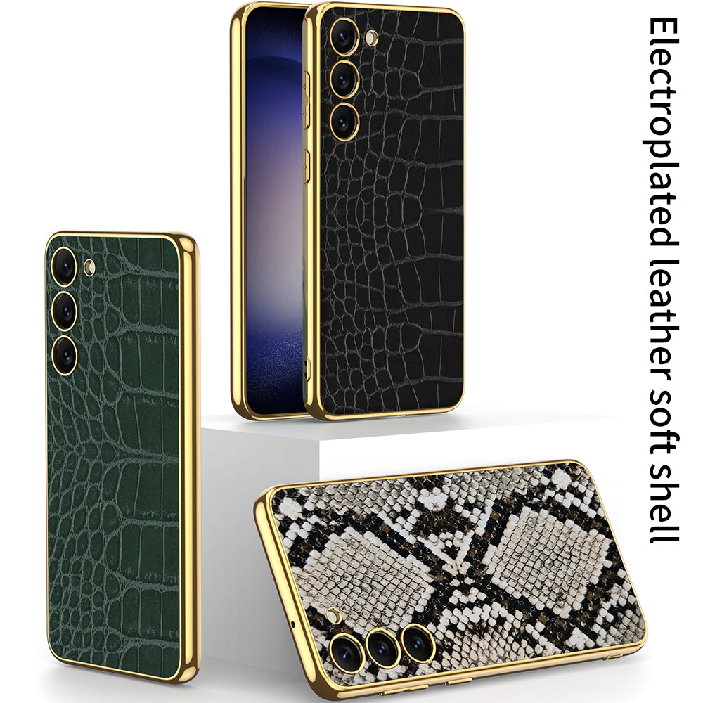 GKK Crocodile / Snake Texture Case for Samsung Galaxy S23+, Electroplating TPU Frame PU Leather Coated PC Back Case - Crocodile Texture / Purple