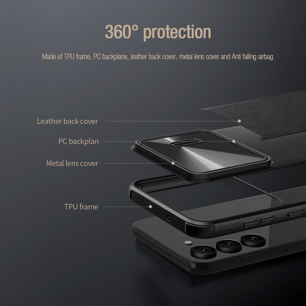 NILLKIN Kryt na telefon pro Samsung Galaxy S23+, Slide Ochrana fotoaparátu PU kůže + PC + TPU pouzdro na telefon – černé