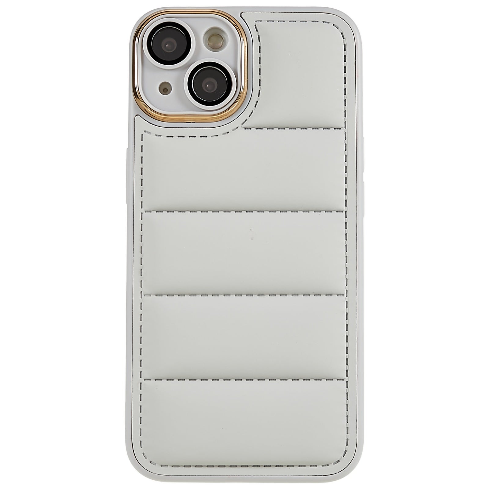 Glass Lens Protector Phone Case for iPhone 13 6.1 inch, Electroplating Lens Frame Down Jacket Design TPU Back Cover - Yellow