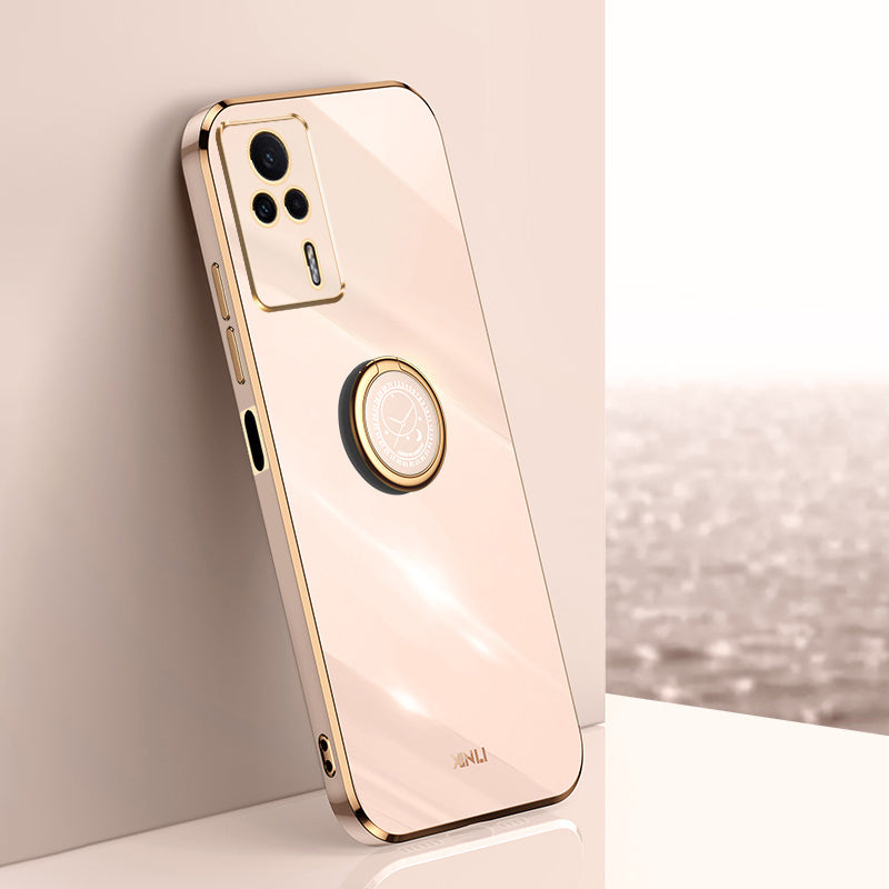 XINLI For Xiaomi Redmi K60E 5G Kickstand TPU Phone Case Ring Holder Phone Cover with Electroplating Golden Edge