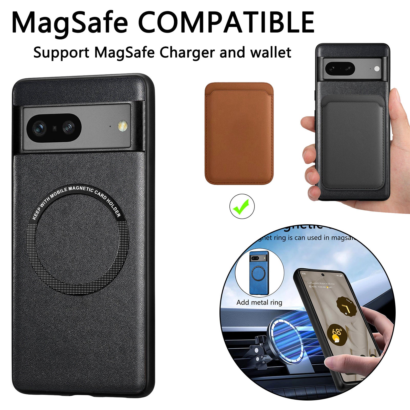 Phone Case Compatible with MagSafe for Google Pixel 7 5G PU Leather Coated PC TPU Cover