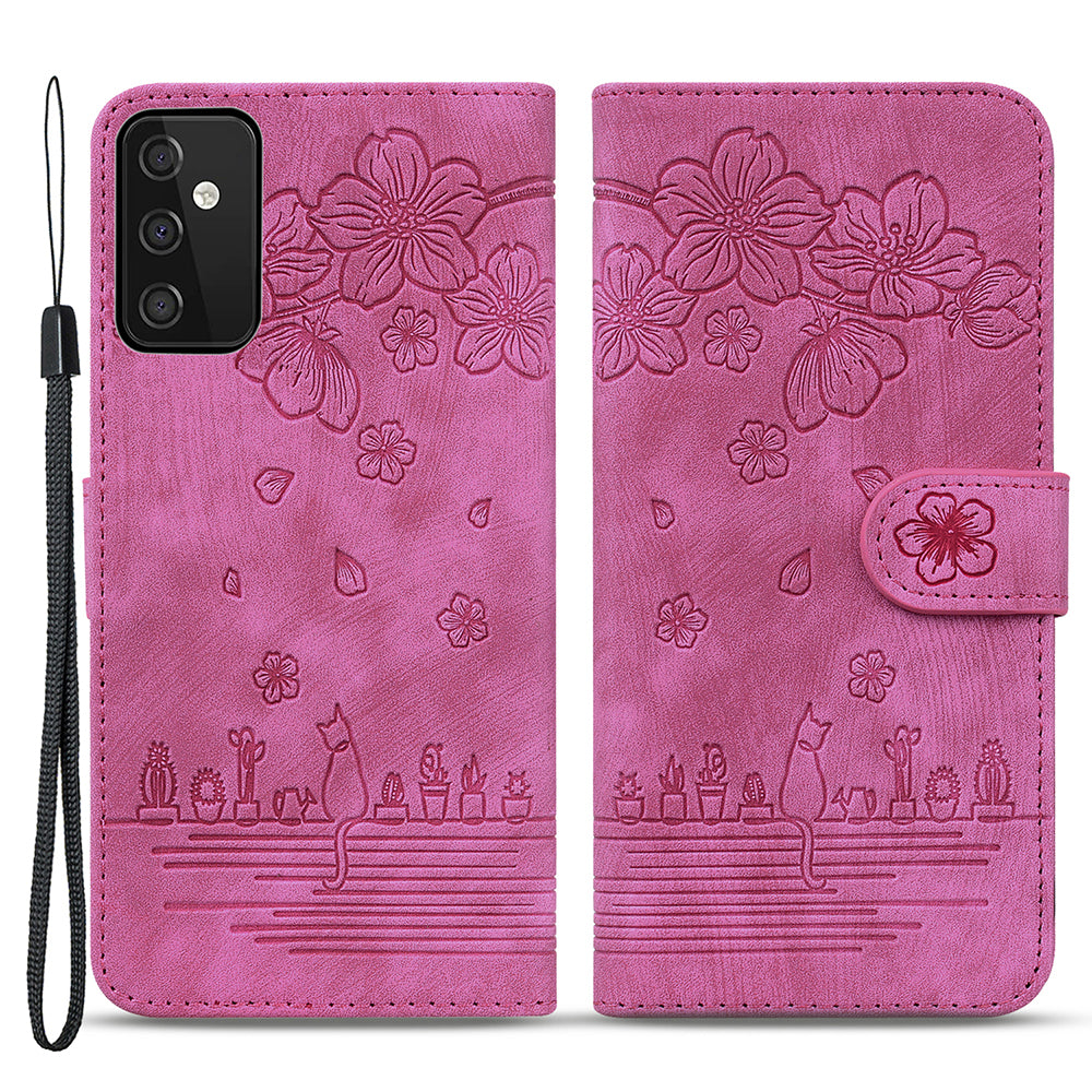 For Samsung Galaxy A54 5G PU Leather Wallet Case Imprinted Cat Flower Phone Stand Cover with Strap