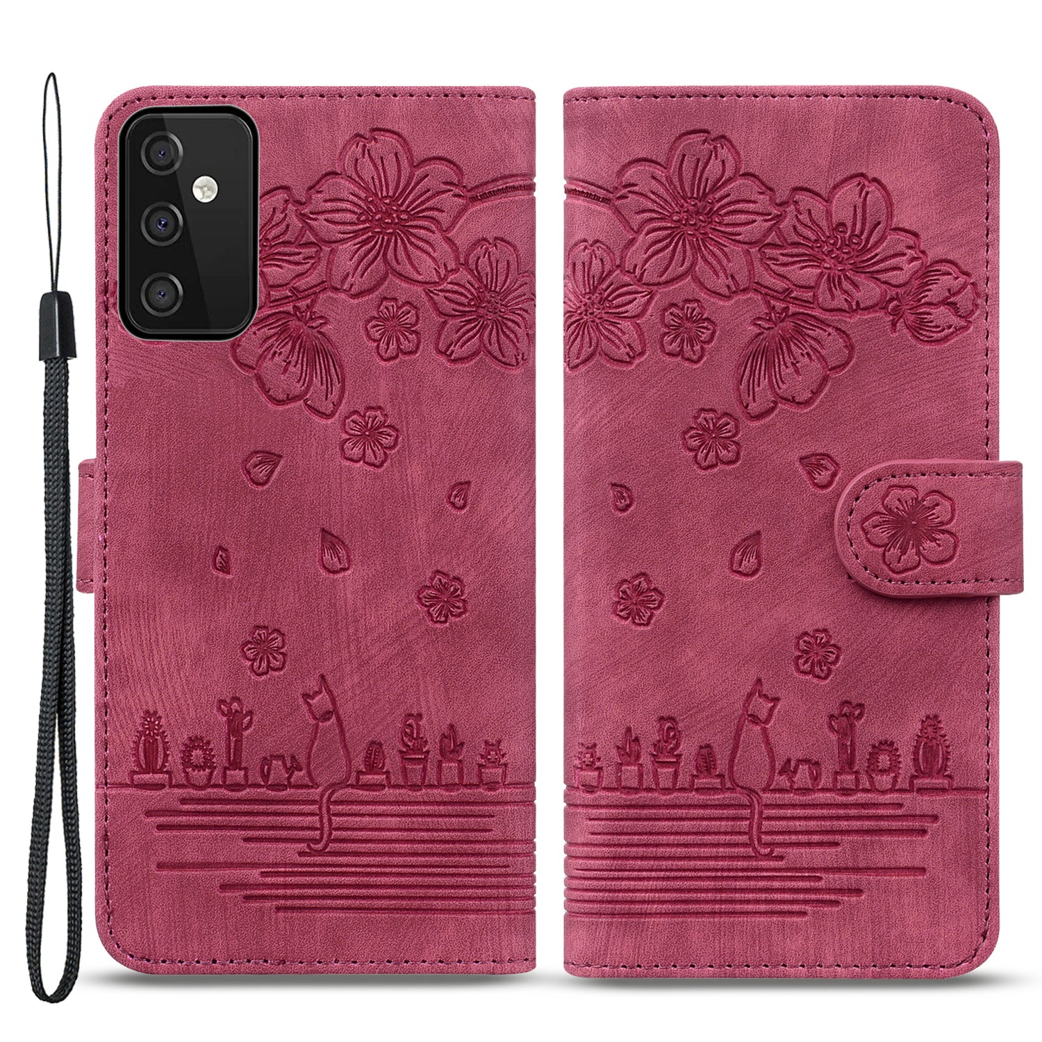 For Samsung Galaxy A54 5G PU Leather Wallet Case Imprinted Cat Flower Phone Stand Cover with Strap