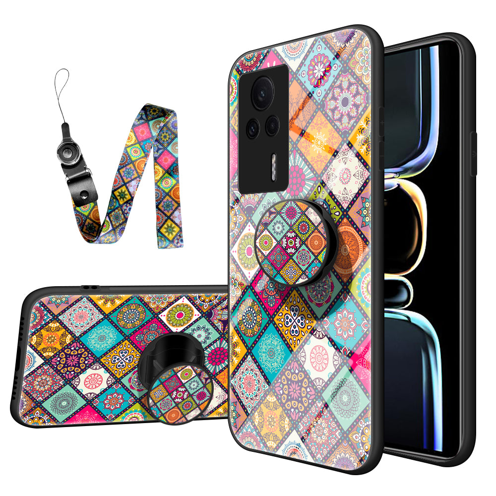 For Xiaomi Redmi K60E 5G Flower Pattern Phone Case Kickstand PC TPU Tempered Glass Cover with Lanyard