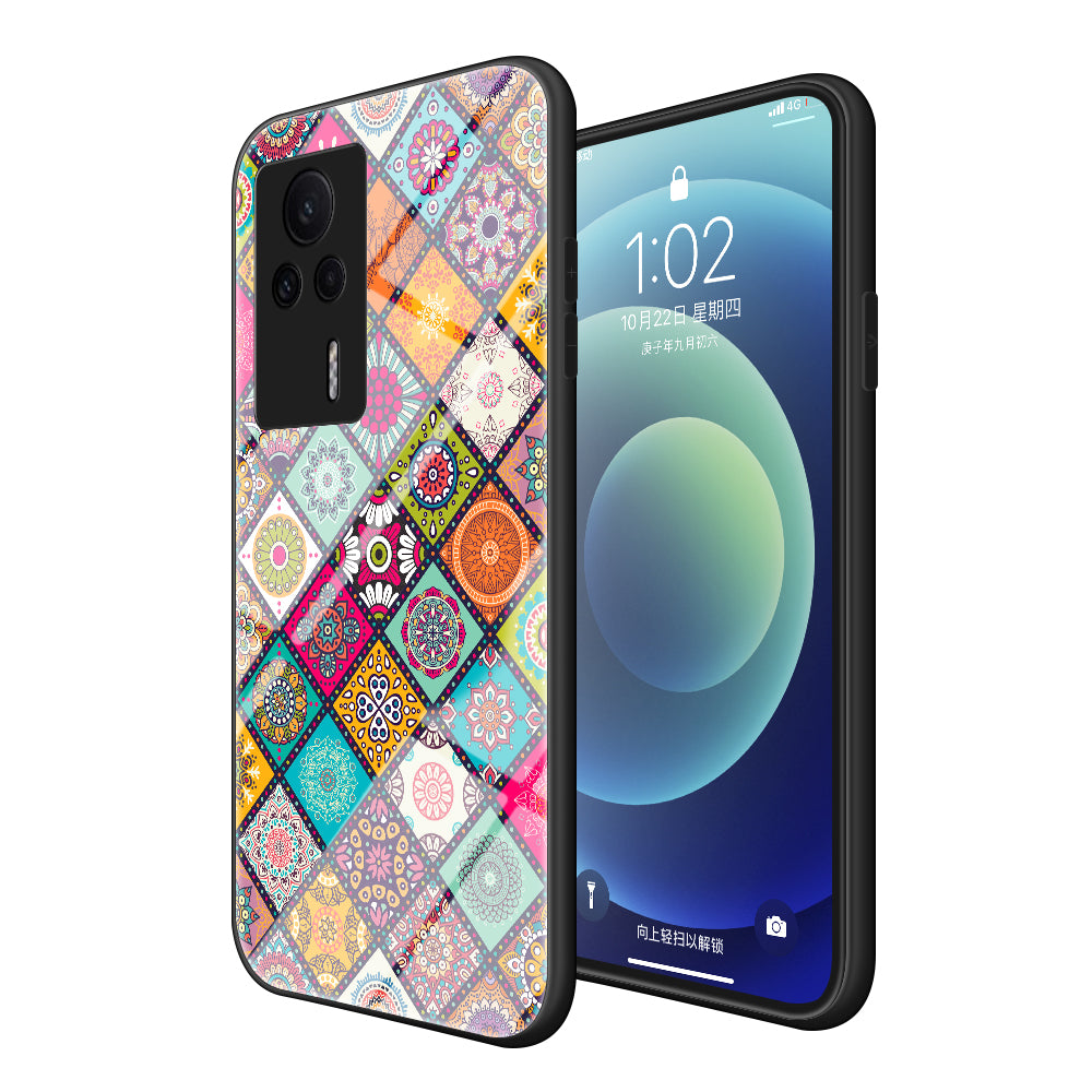 For Xiaomi Redmi K60E 5G Flower Pattern Phone Case Kickstand PC TPU Tempered Glass Cover with Lanyard