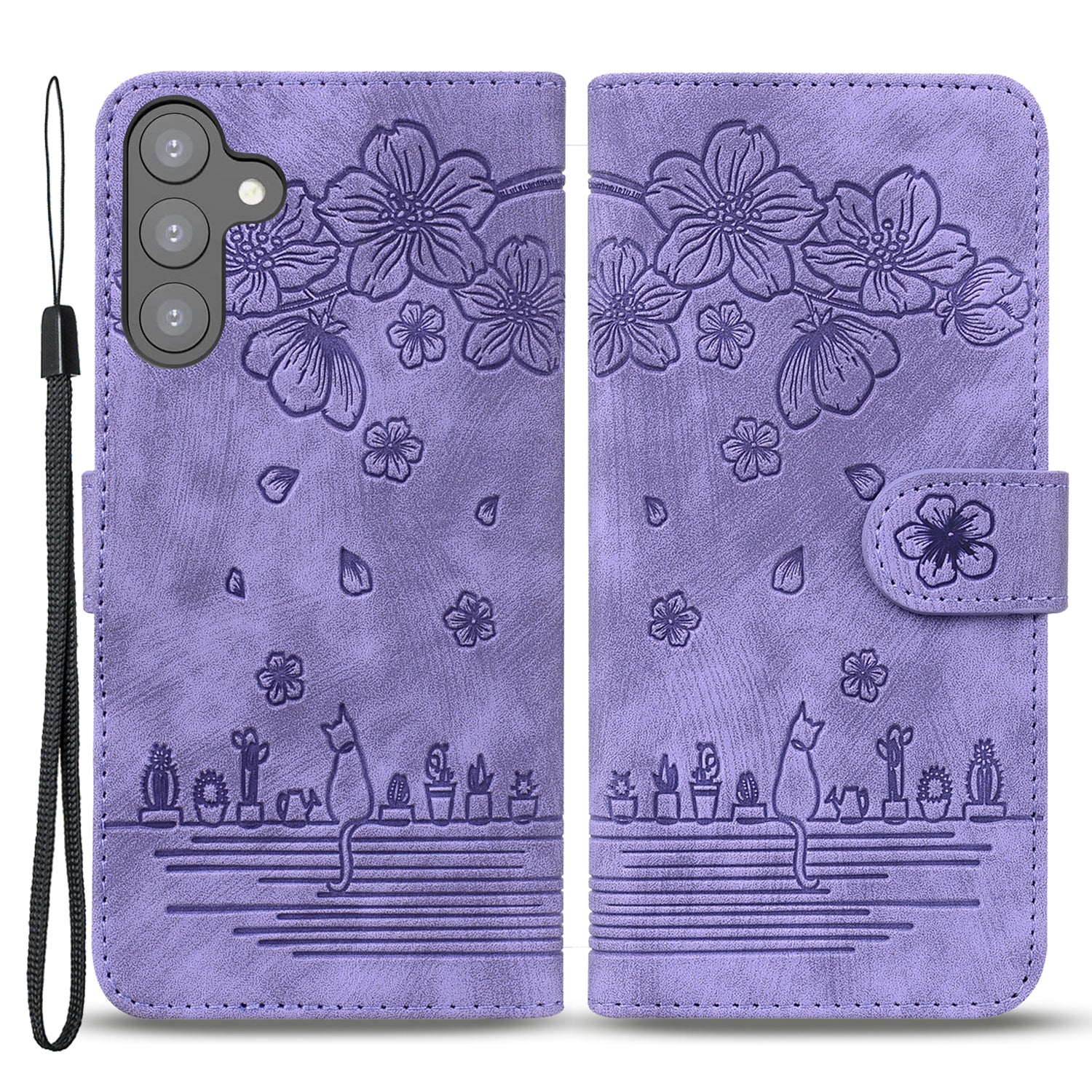 For Samsung Galaxy S23 PU Leather Stand Case Imprinted Cat Phone Wallet Shell with Hand Strap