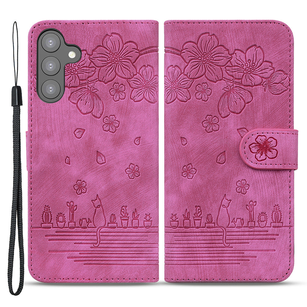 For Samsung Galaxy S23 PU Leather Stand Case Imprinted Cat Phone Wallet Shell with Hand Strap