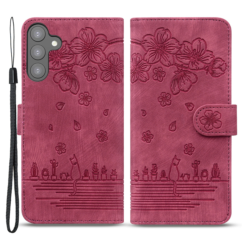 For Samsung Galaxy S23 PU Leather Stand Case Imprinted Cat Phone Wallet Shell with Hand Strap